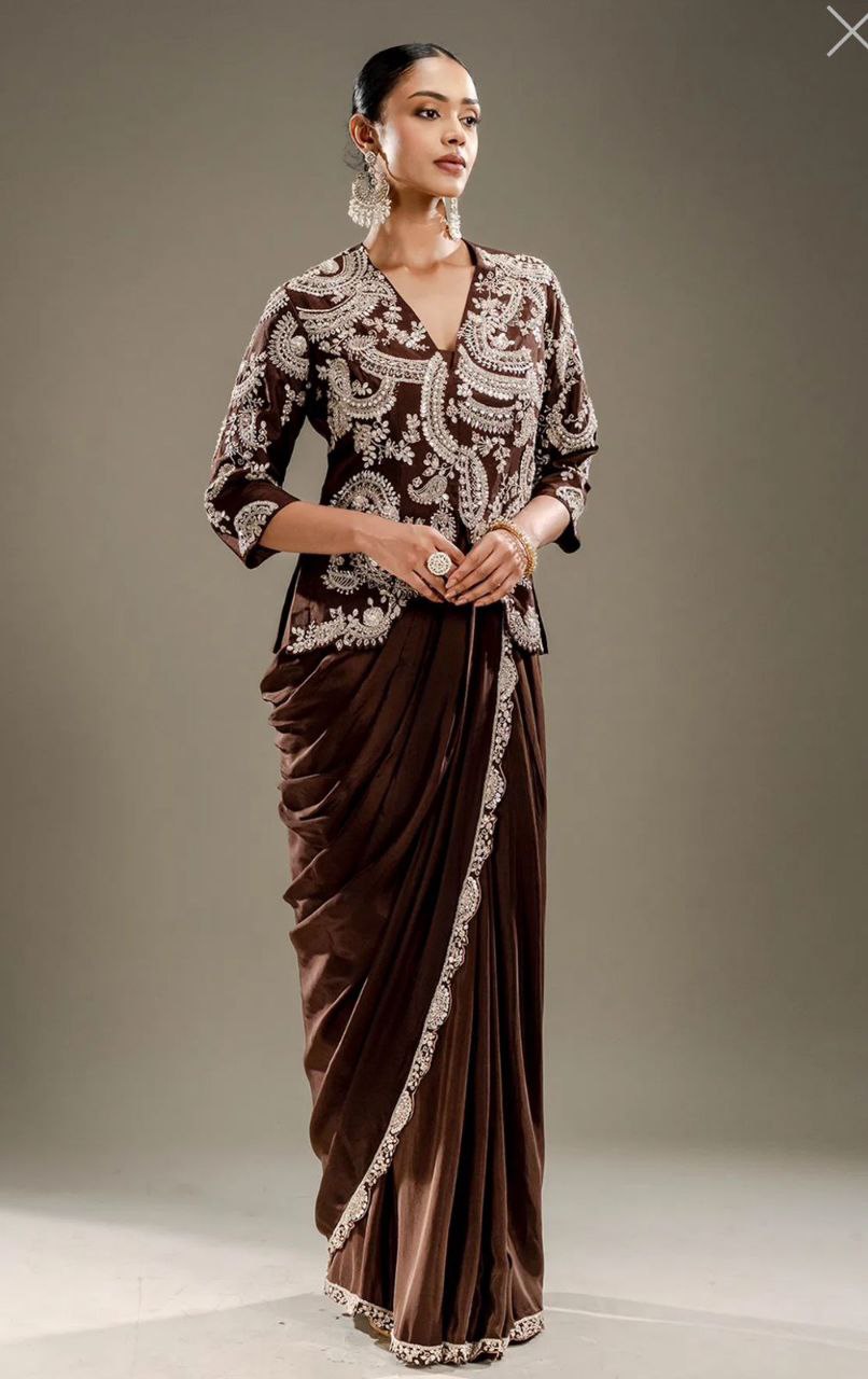 Smoky Crepe Drape Saree With Embroidered Jacket