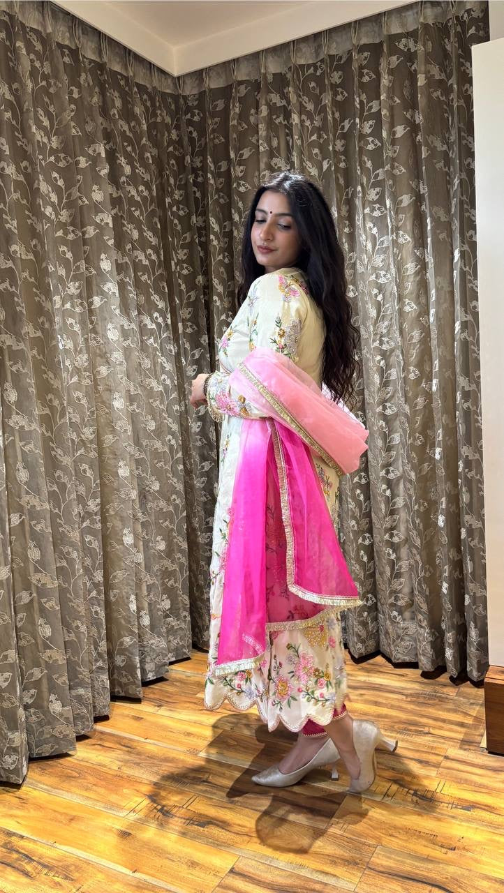 DESIGNER WEAR EMBROIDERED BOAT NECK TOP WITH TULIP SALWAAR PAIR💝