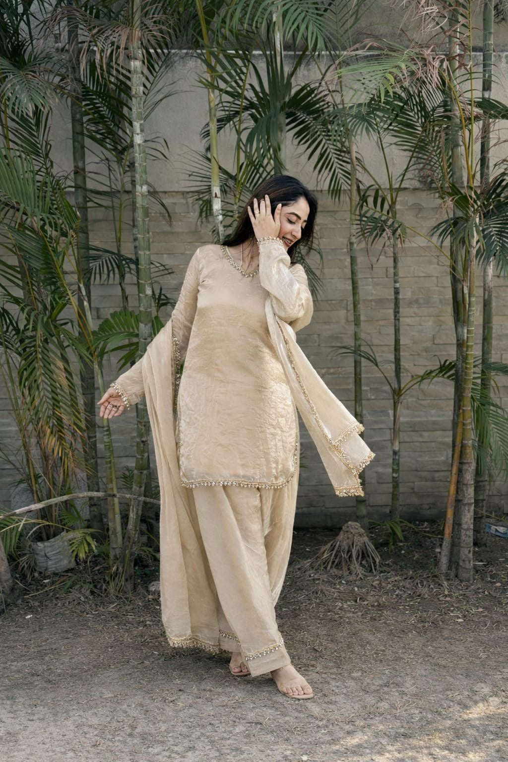 Fendi Satin Silk Designer Farsi Salwar Suit Set with Mirror Work Dupatta