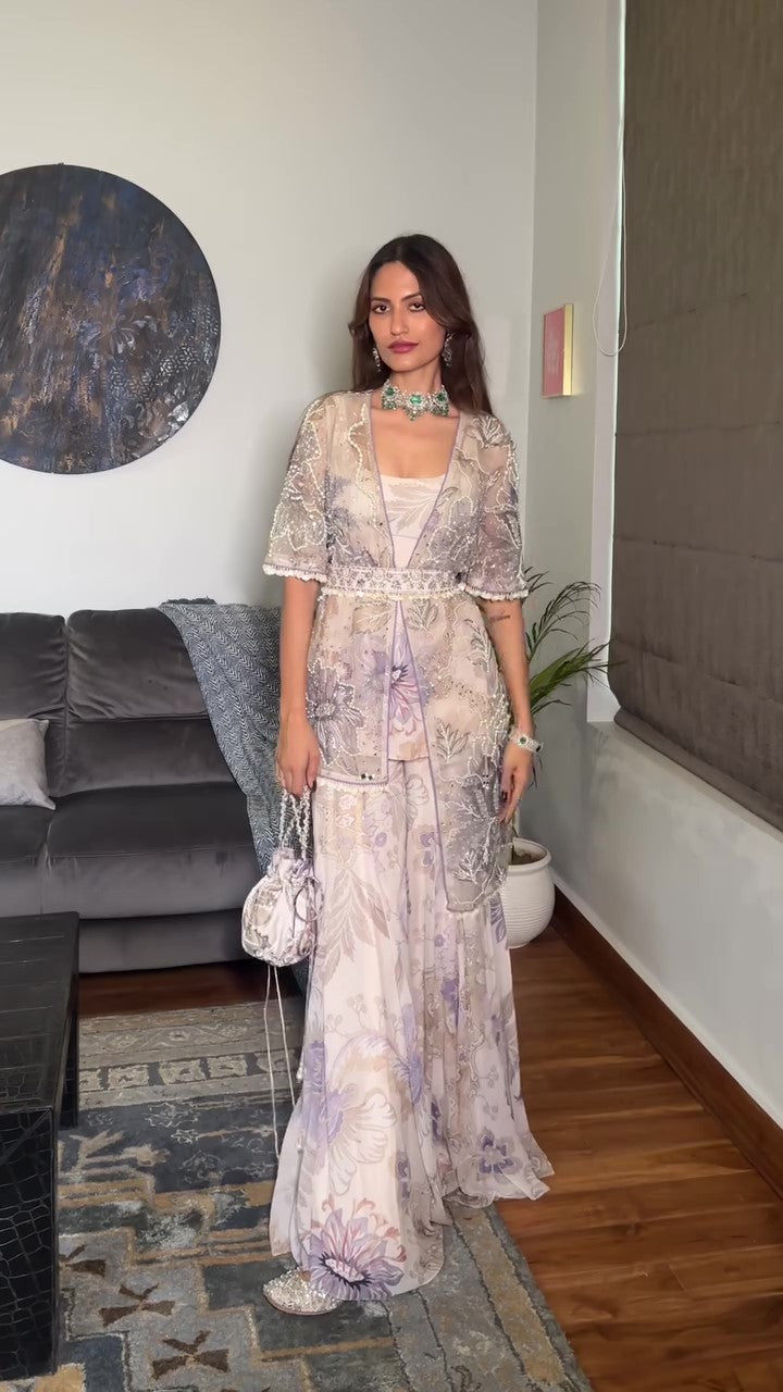 Mahnoor Embroidered Gharara Set Paired with High Low Jacket and Belt