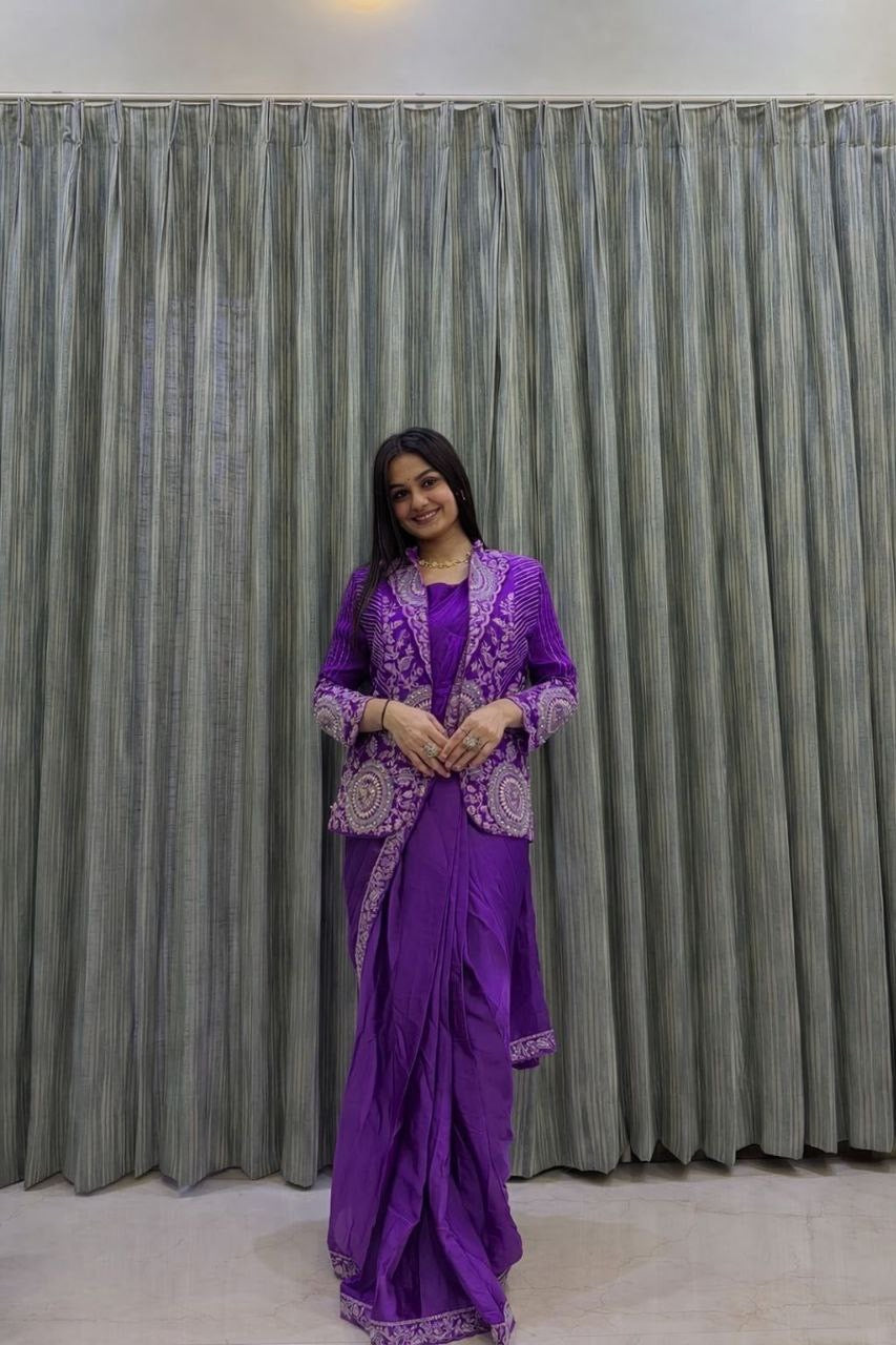 Embroidered Sequin Ready-to-Wear Saree with Full Koti