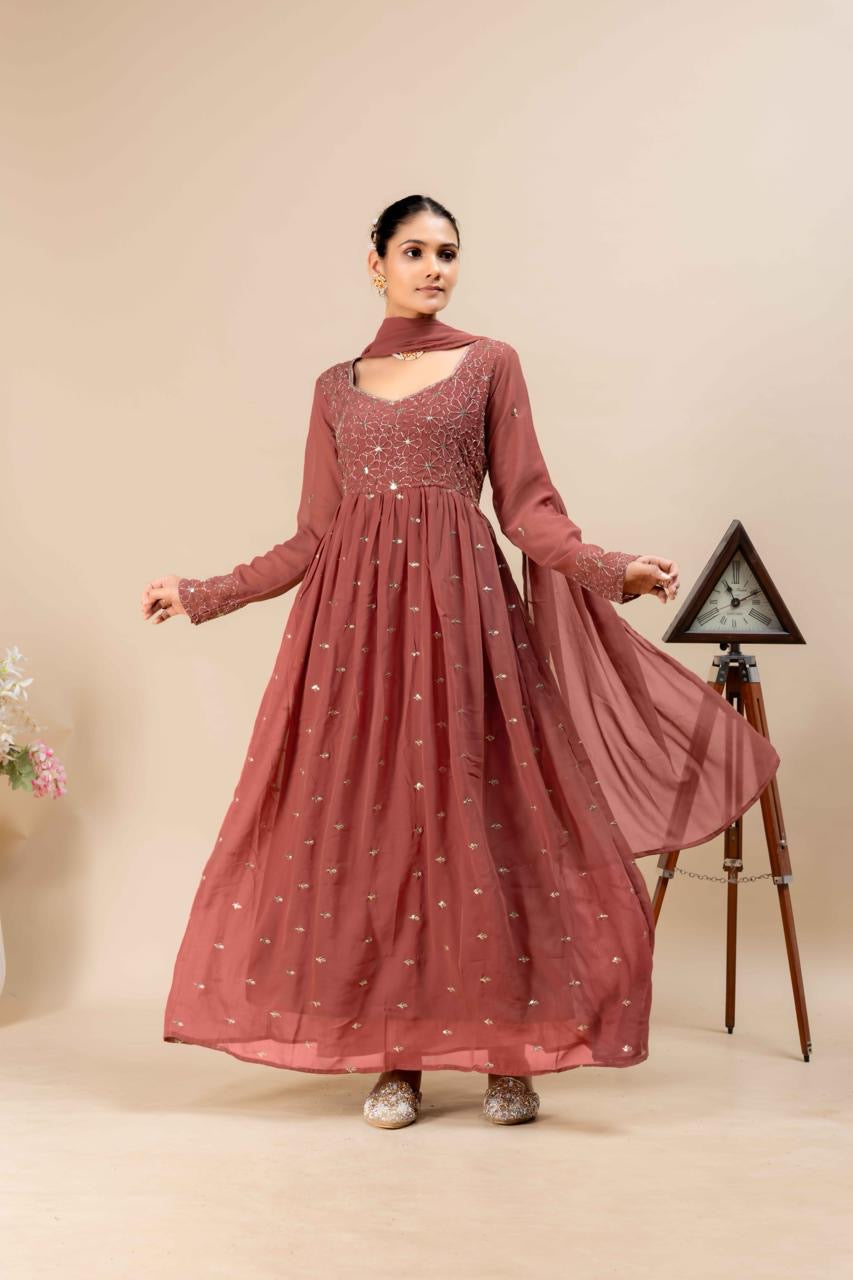 Brown Georgette Anarkali Gown with Intricate Embroidery