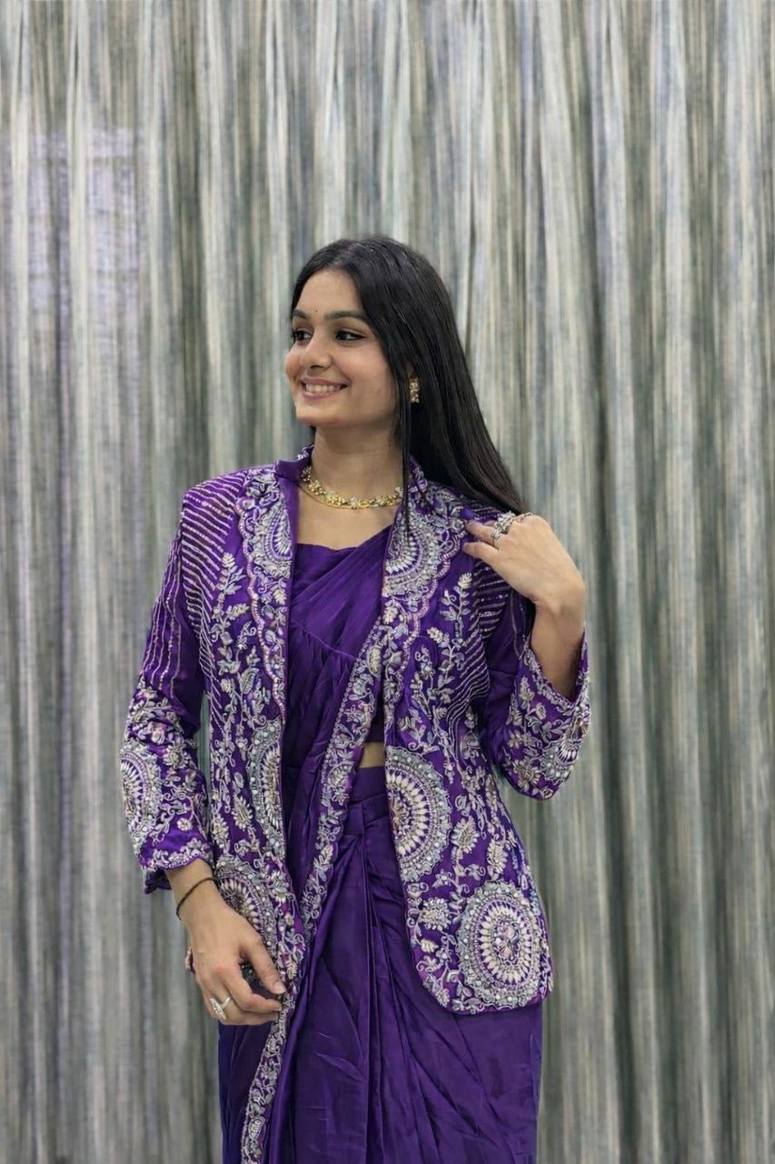 Embroidered Sequin Ready-to-Wear Saree with Full Koti