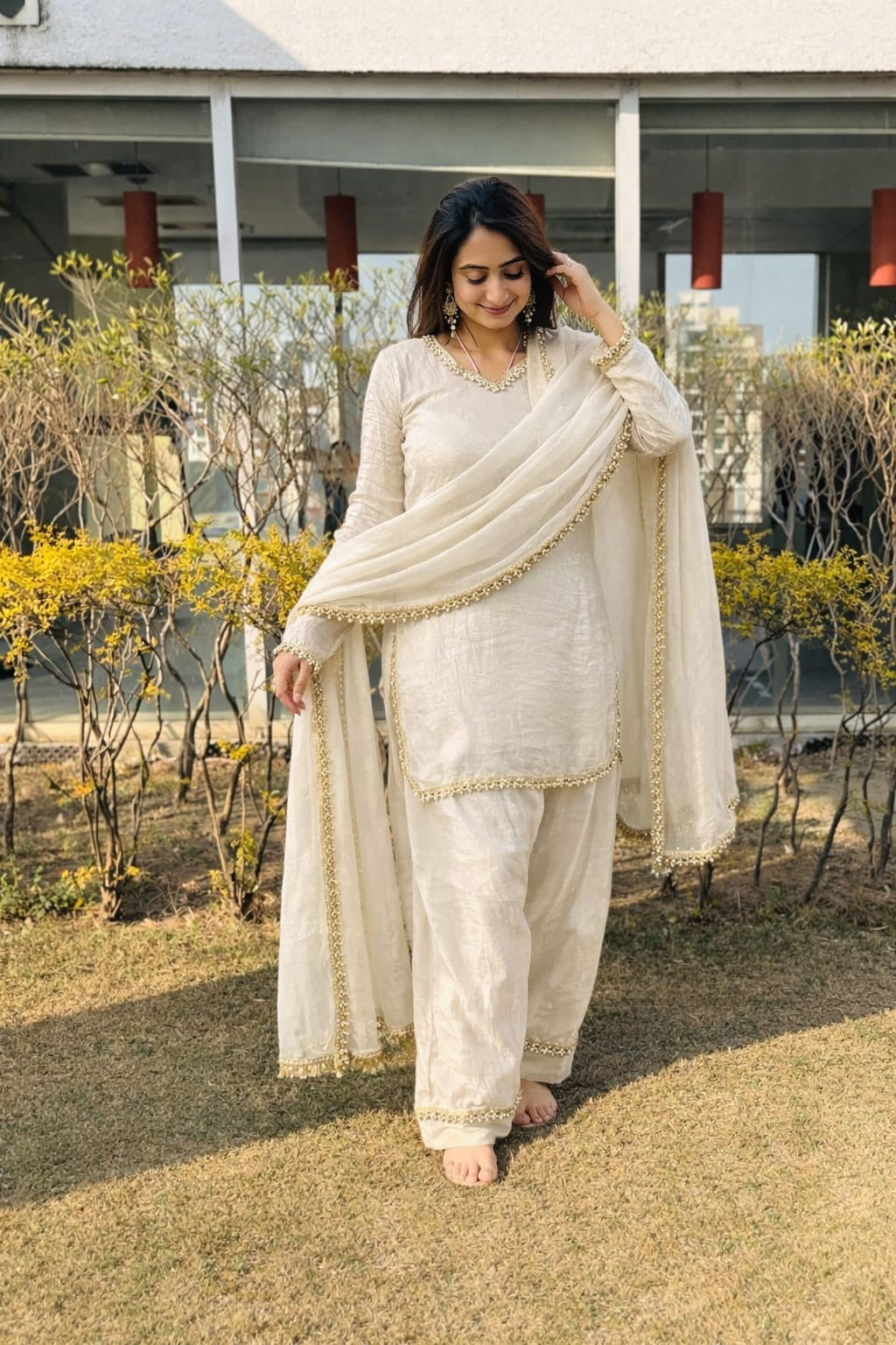 Fendi Satin Silk Designer Farsi Salwar Suit Set with Mirror Work Dupatta
