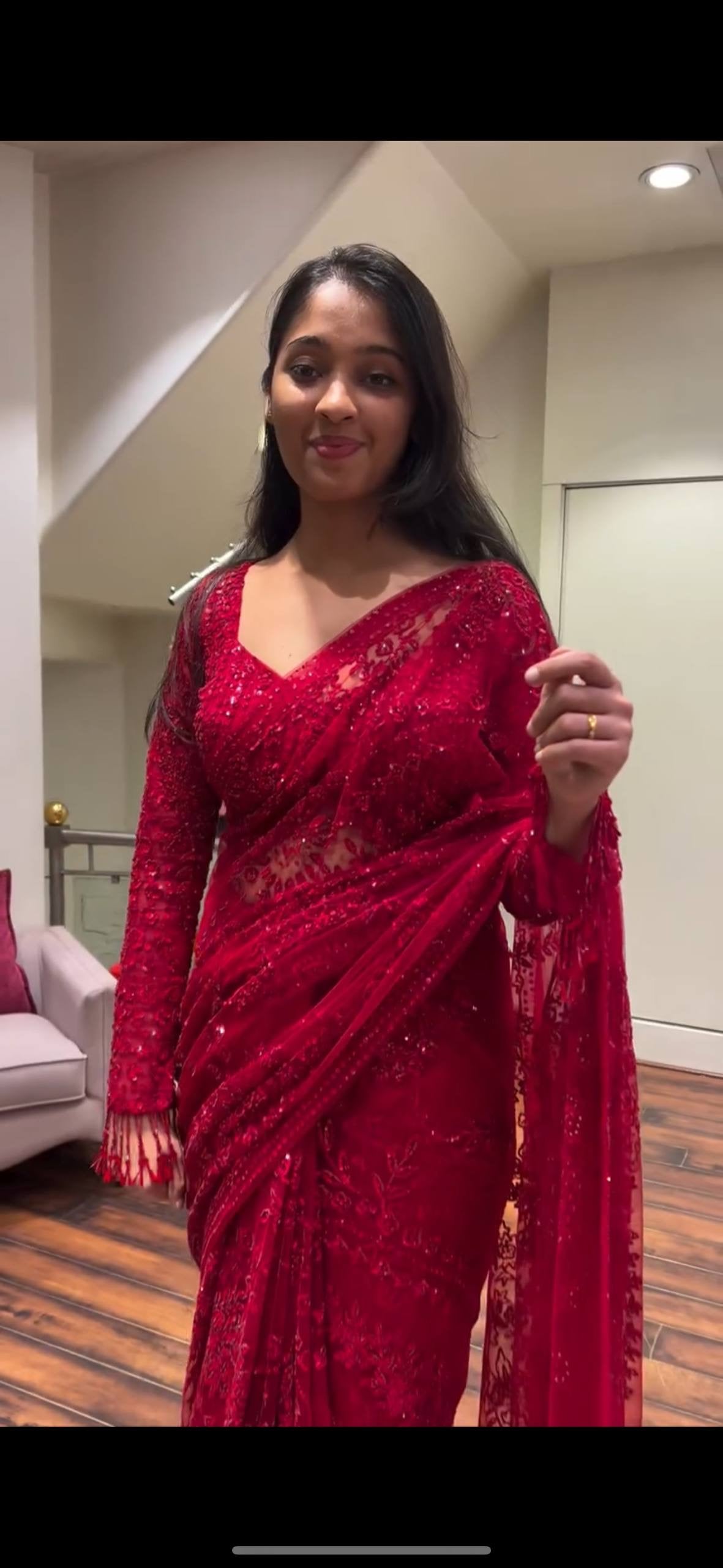 HEAVY EMBROIDERY & FANCY LACE WORK SAREE WITH STITCH BLOUSE