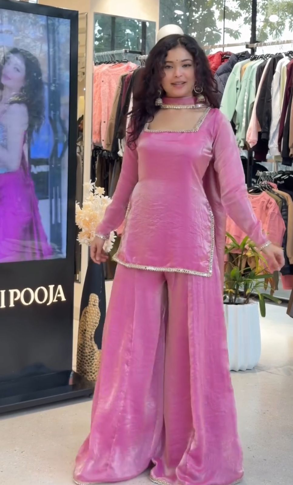 Fendi Satin Top & Palazzo Set with Mirror Work Dupatta