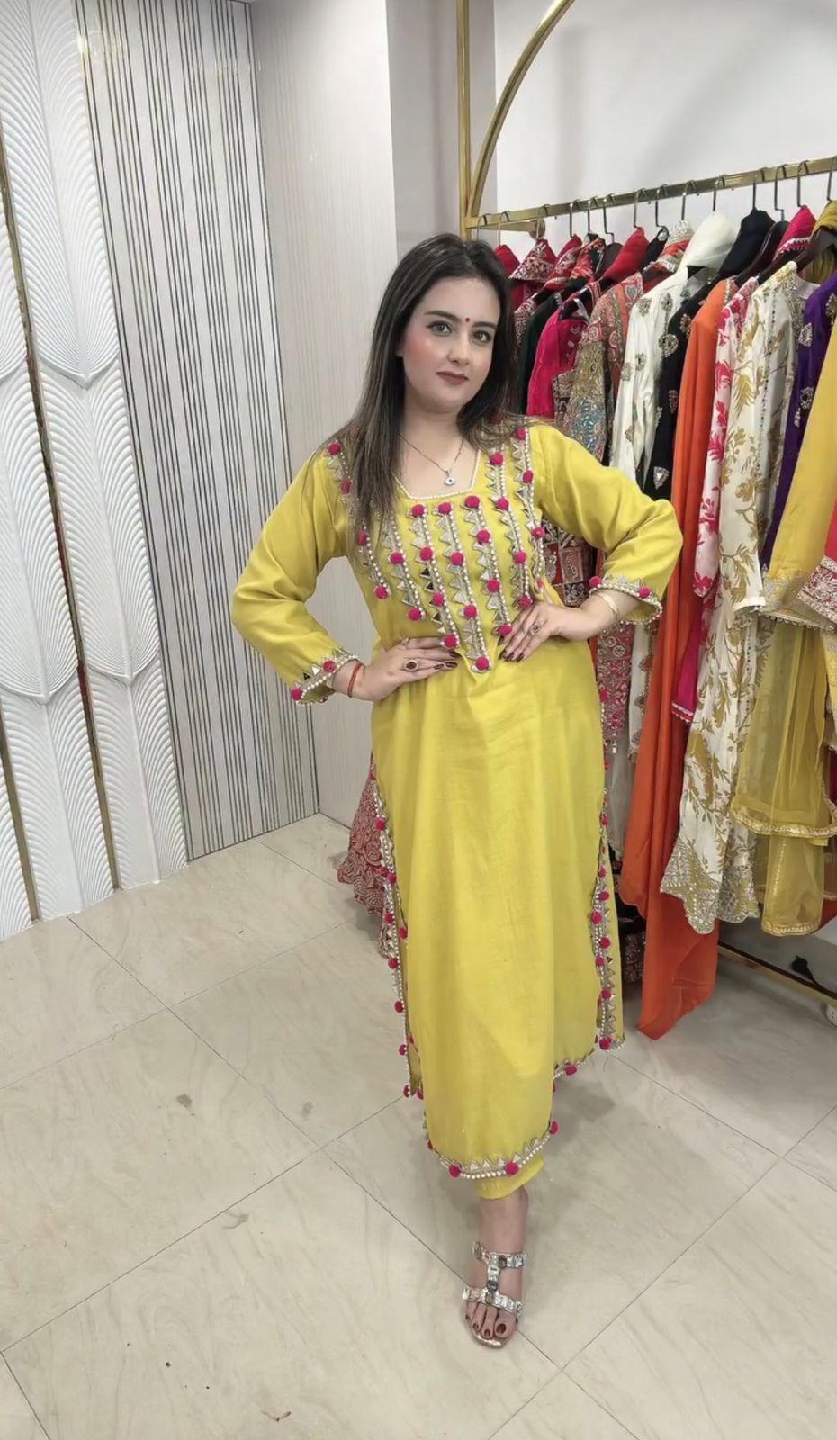 Ivory Hand-Embellished Kurta Set with Pink Tassel Detailing