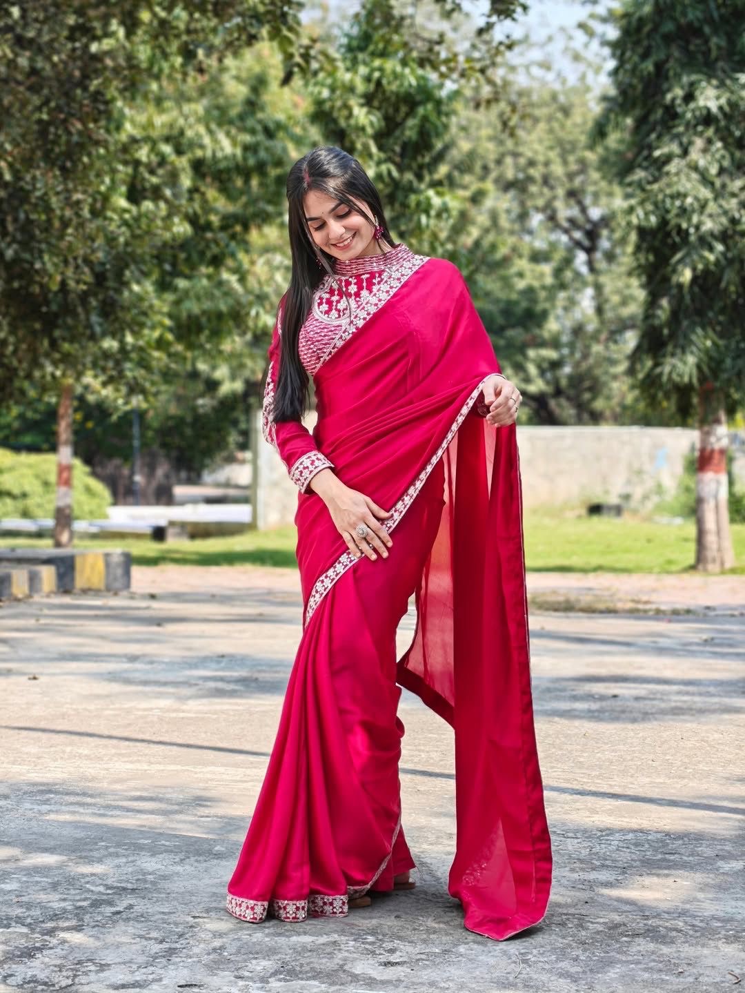 New Super Trending Embroidery Sequence work ready to wear saree with Embroidery Blouse