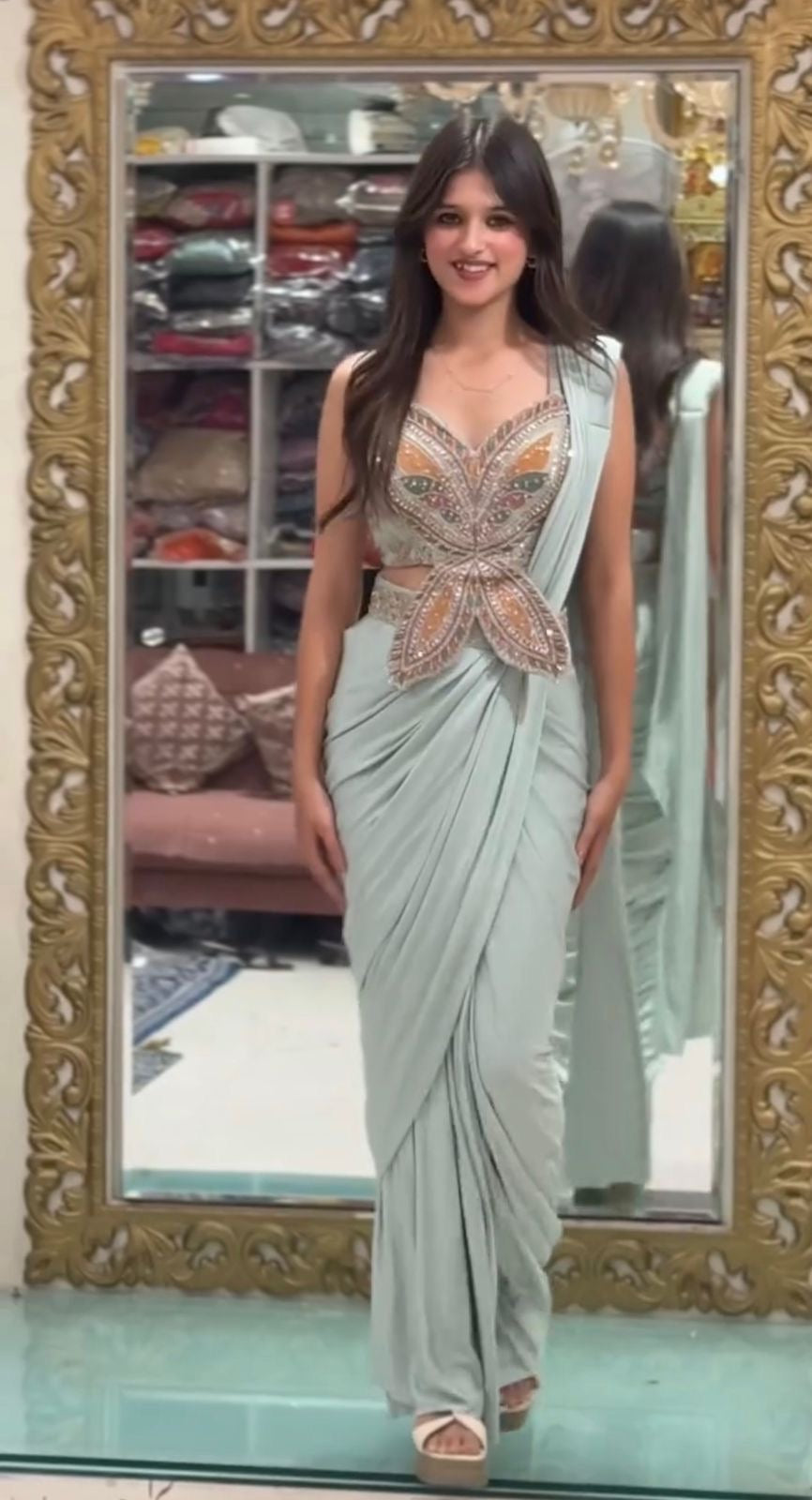 New Super Trending Embroidery Sequence work ready to wear saree with Embroidery Blouse