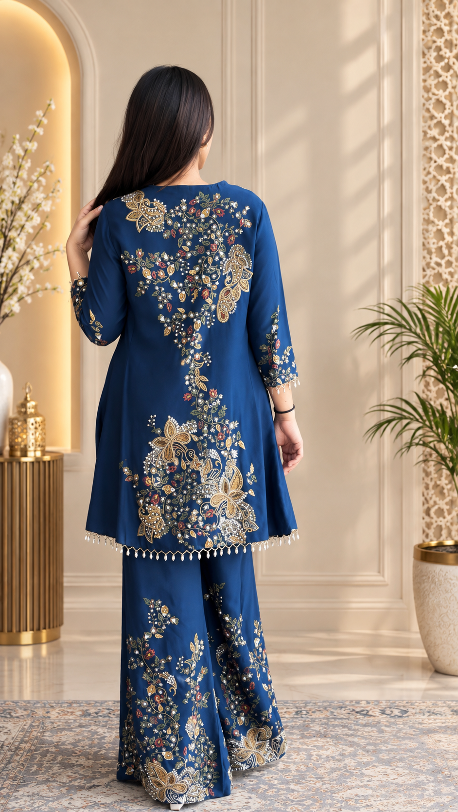 Navy Blue Printed Silk Palazzo Suit with Embroidery