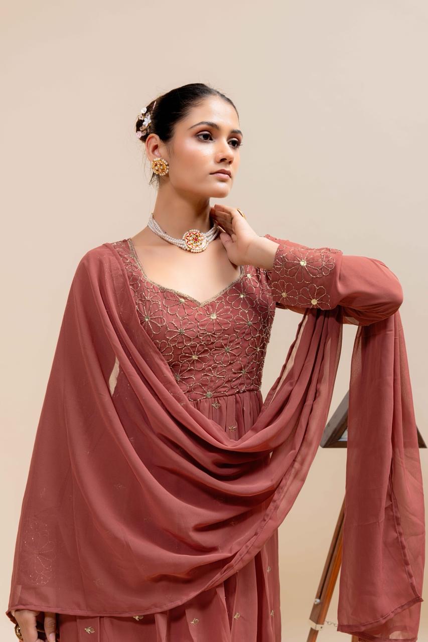 Brown Georgette Anarkali Gown with Intricate Embroidery
