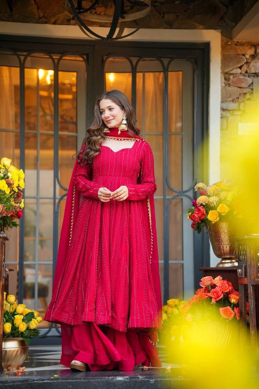 Premium*Anarkali *Lal-Pink*Suit Set* *[3 PIS]👗