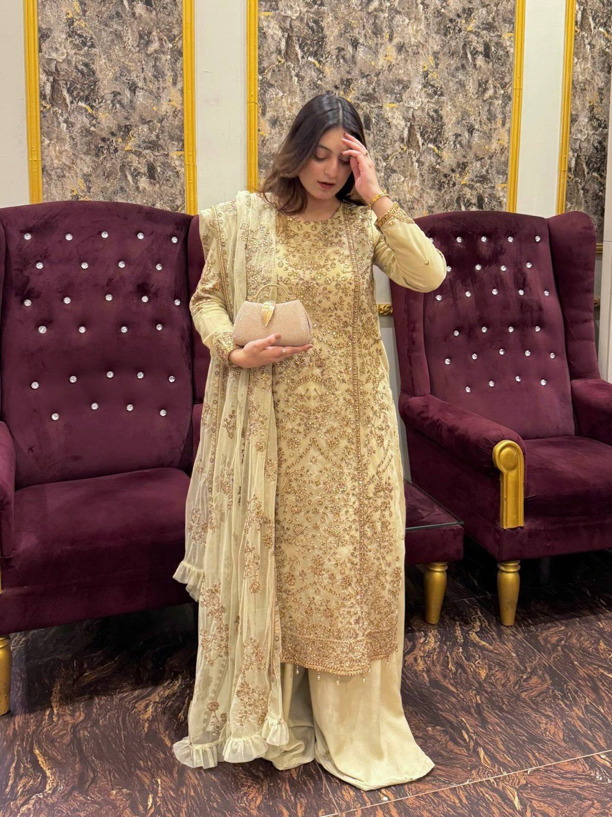 Georgette Kurti Palazzo Set with Moti Latkan Detailing