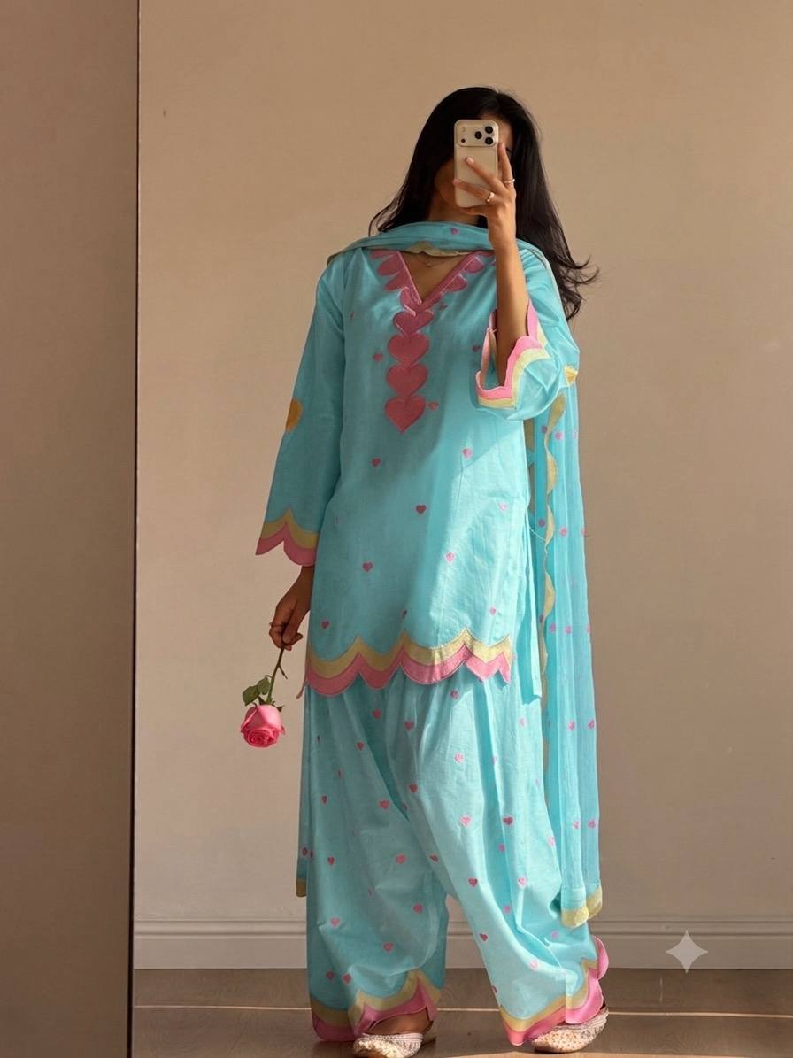 Ivory Pink Heart Embroidery thread Work Farshi Salwar Suit Set