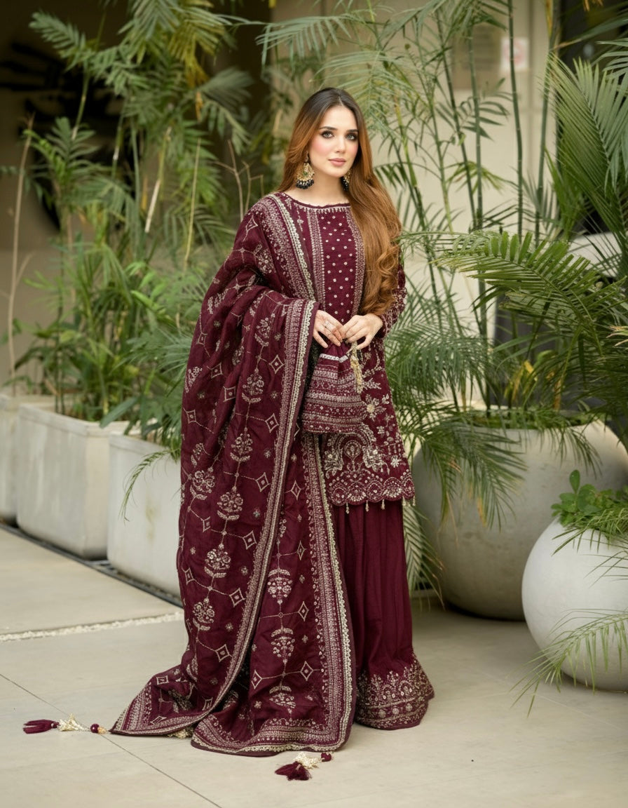 Designer Faux Georgette Embroidered Top, Palazzo & Dupatta Set