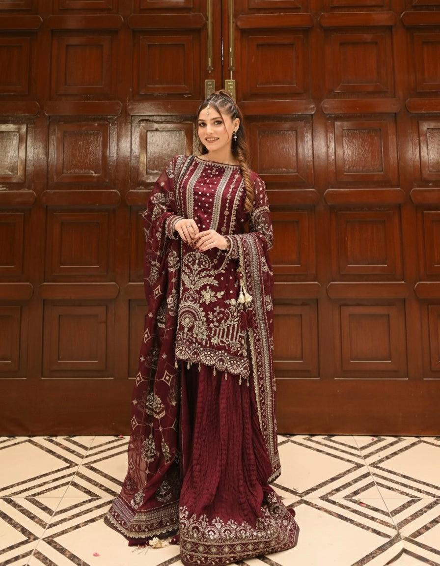 Designer Faux Georgette Embroidered Top, Palazzo & Dupatta Set