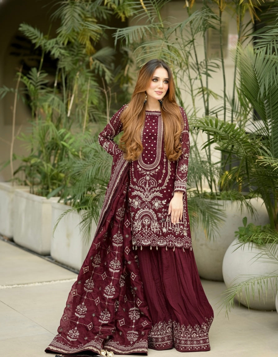 Designer Faux Georgette Embroidered Top, Palazzo & Dupatta Set