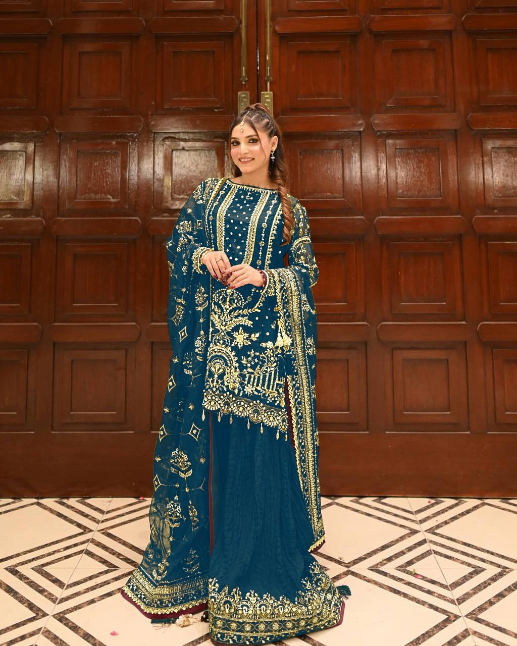 Designer Faux Georgette Embroidered Top, Palazzo & Dupatta Set