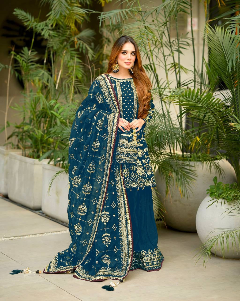 Designer Faux Georgette Embroidered Top, Palazzo & Dupatta Set
