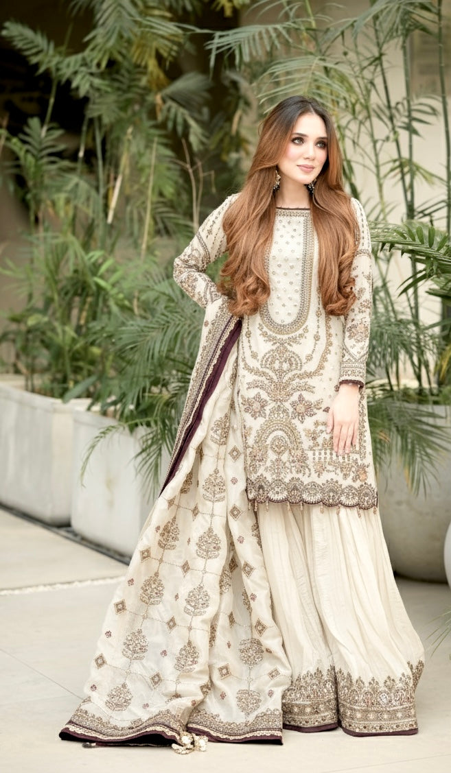 Designer Faux Georgette Embroidered Top, Palazzo & Dupatta Set