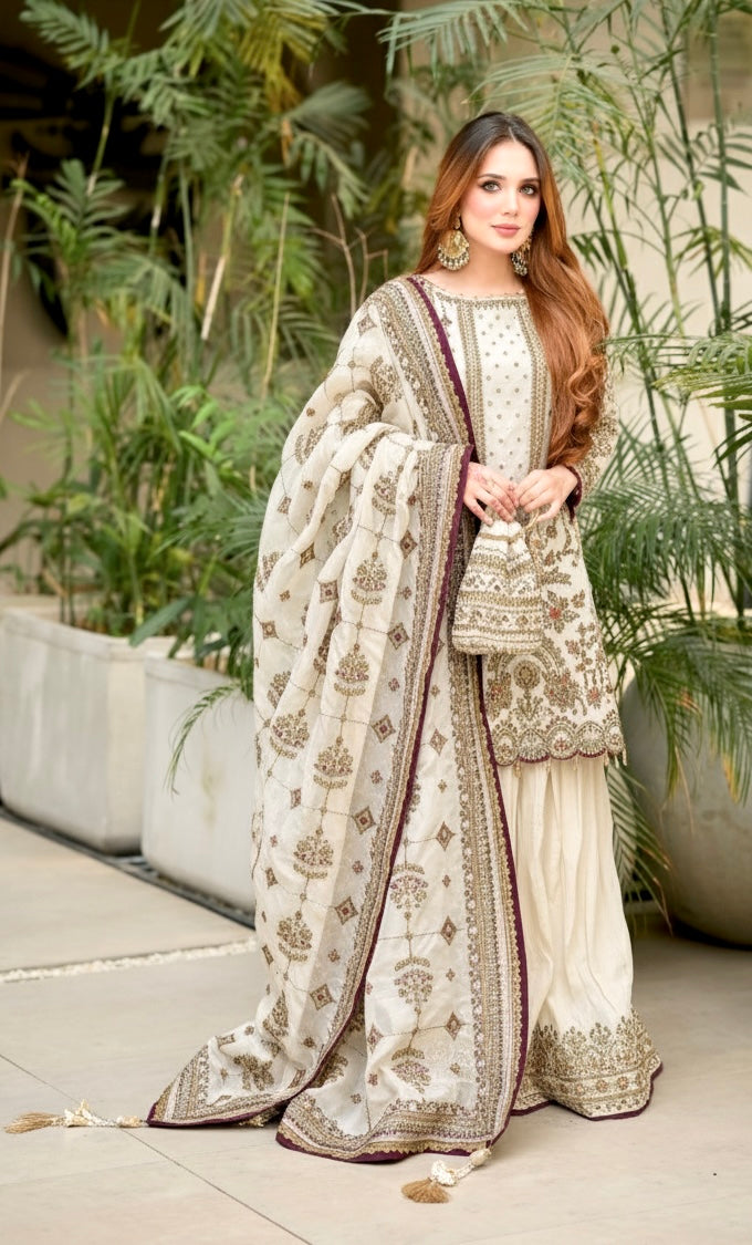 Designer Faux Georgette Embroidered Top, Palazzo & Dupatta Set