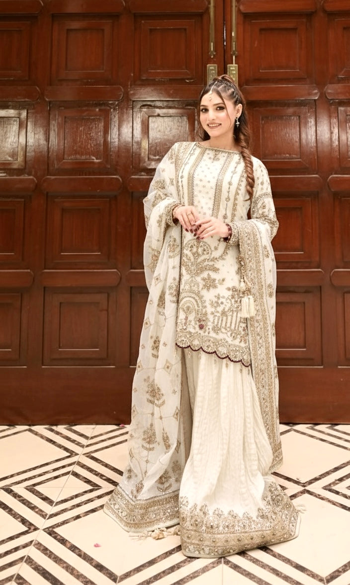 Designer Faux Georgette Embroidered Top, Palazzo & Dupatta Set