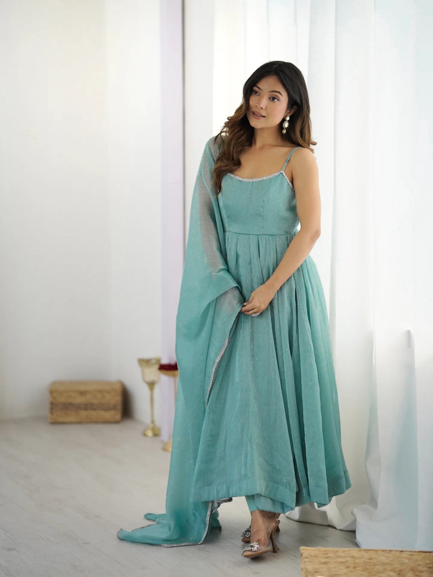 New Sky Color Siroksi Work in Crunchy Silk Fabric Anarkali Set