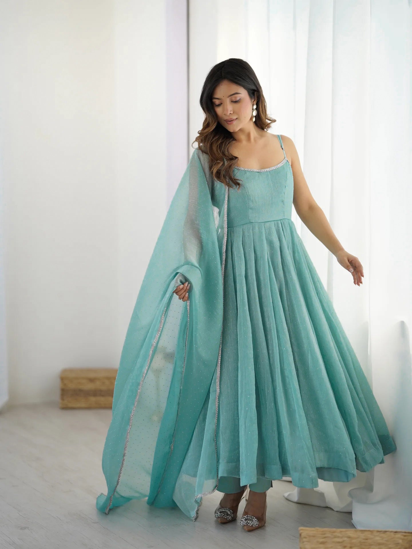 New Sky Color Siroksi Work in Crunchy Silk Fabric Anarkali Set