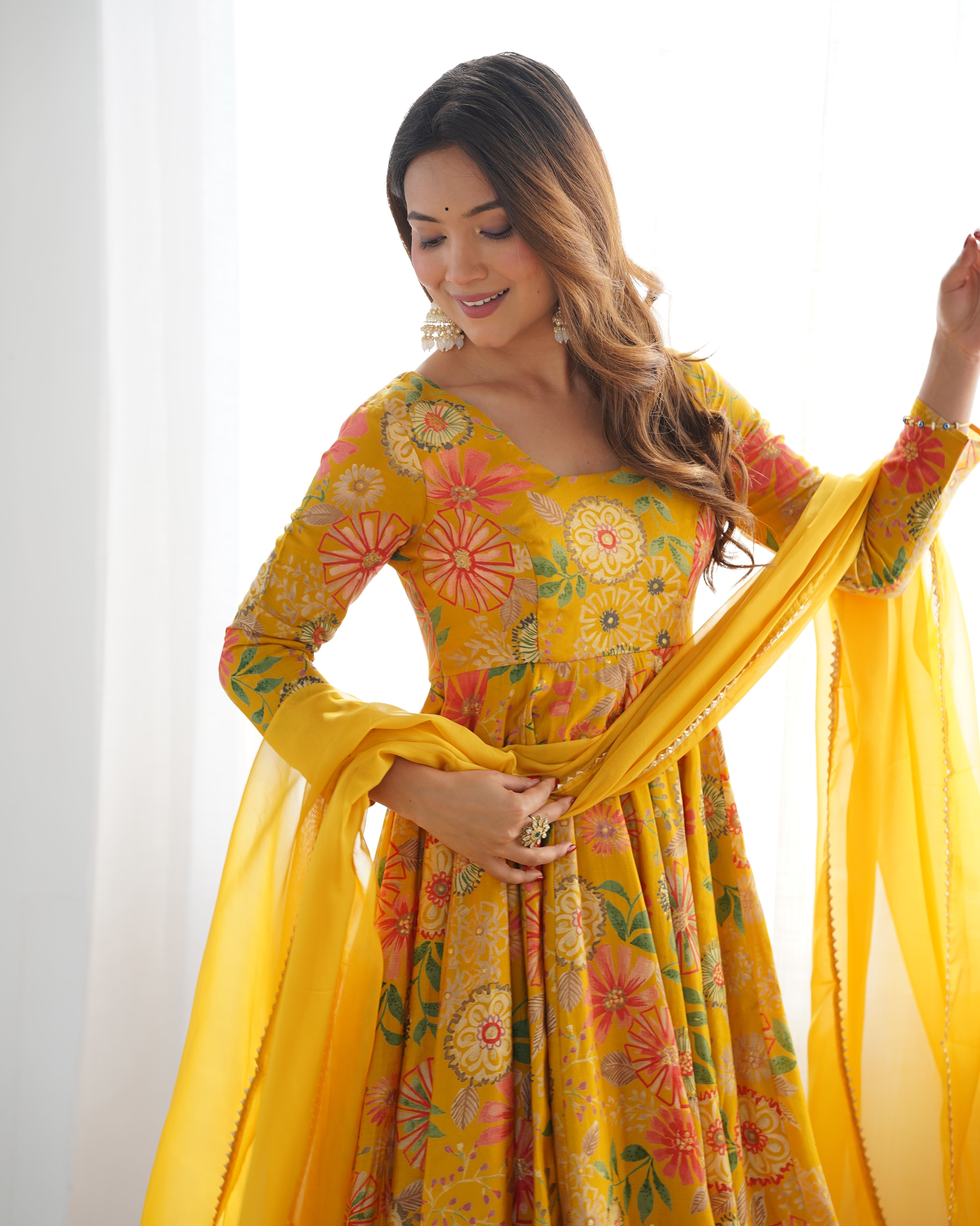 Yellow Color Heavy Pure Roman Silk Kediya Kurta Set with Plazzo And Dupatta Set
