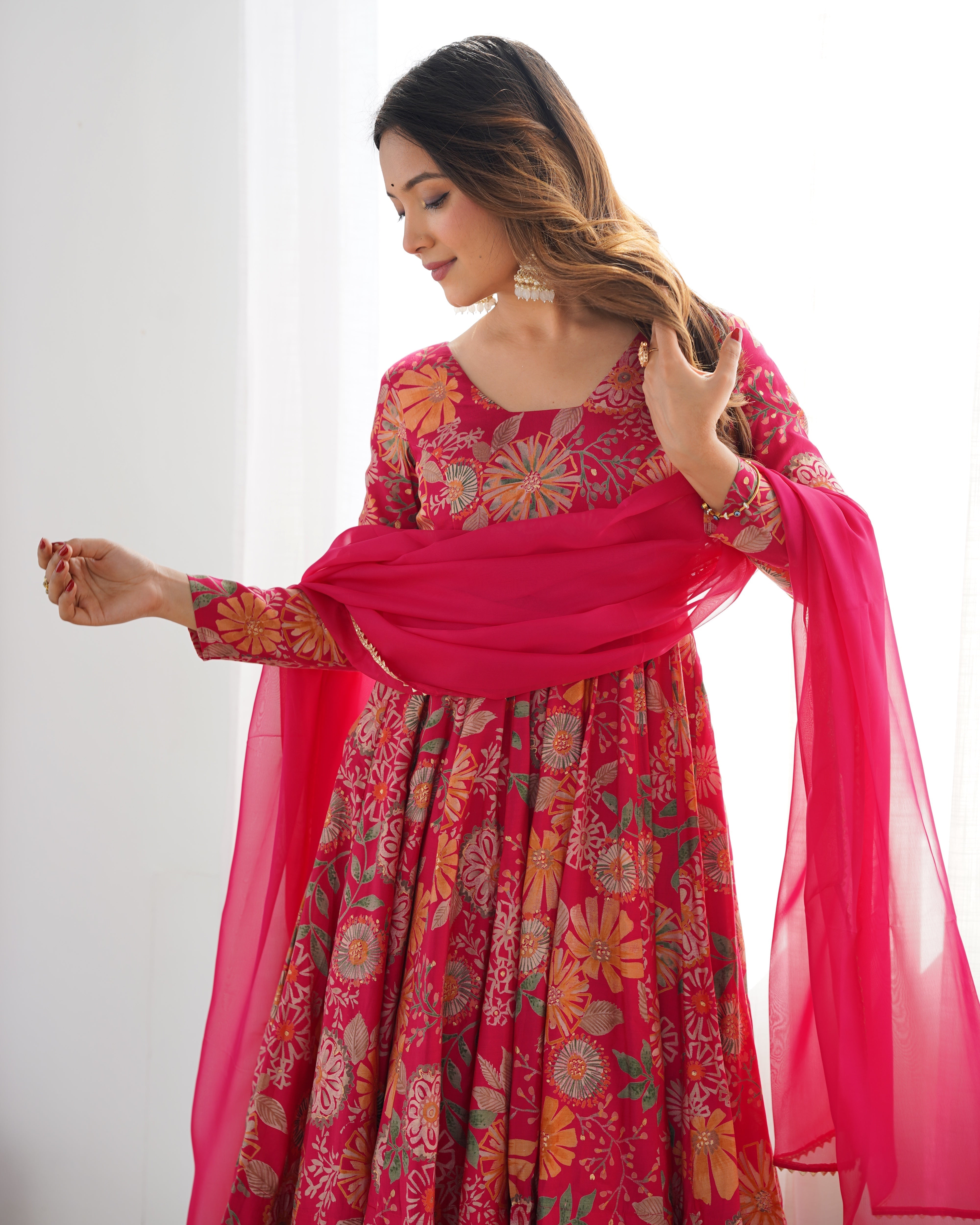 Red Color Heavy Pure Roman Silk Kediya Kurta Set with Plazzo And Dupatta Set
