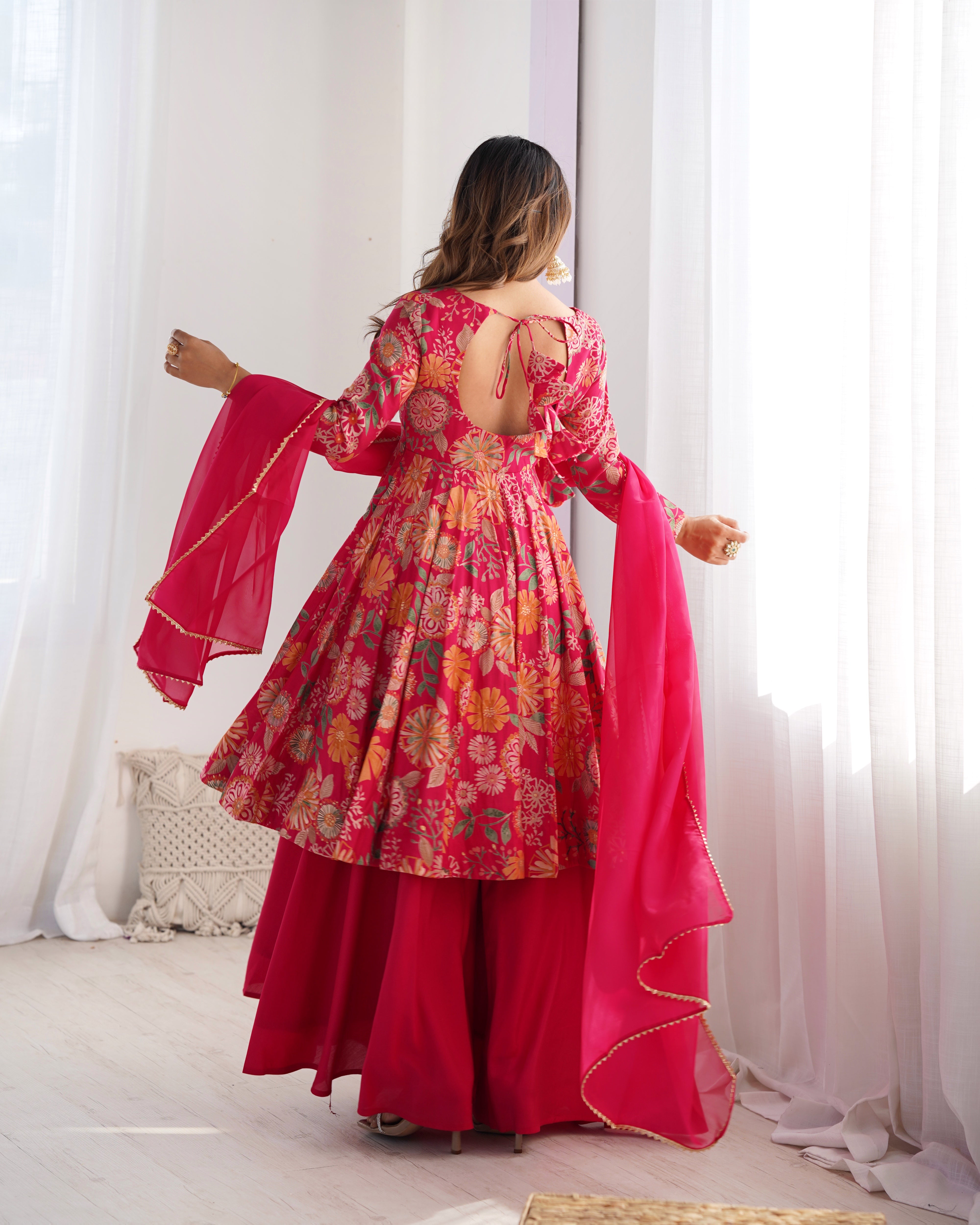 Red Color Heavy Pure Roman Silk Kediya Kurta Set with Plazzo And Dupatta Set