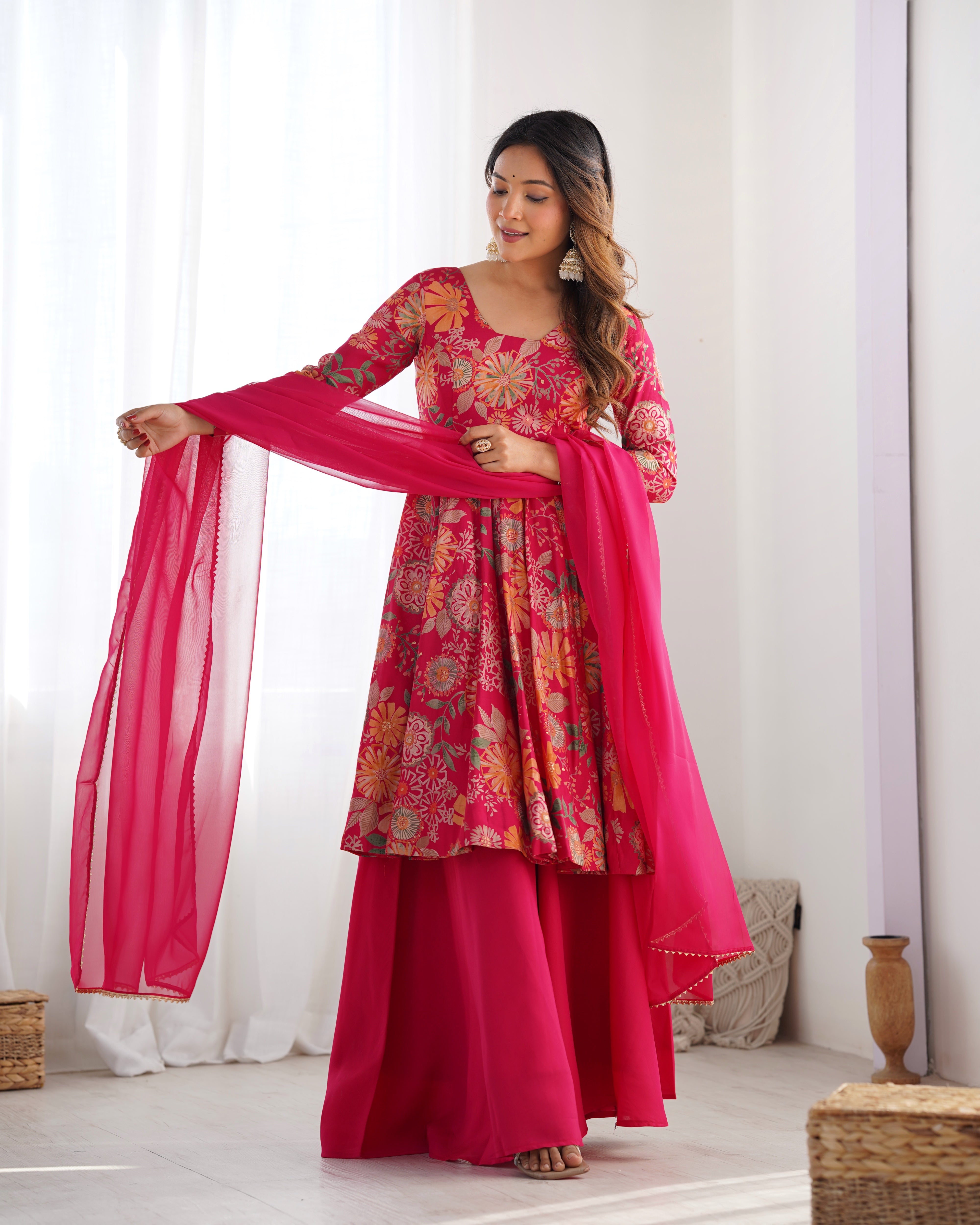 Red Color Heavy Pure Roman Silk Kediya Kurta Set with Plazzo And Dupatta Set