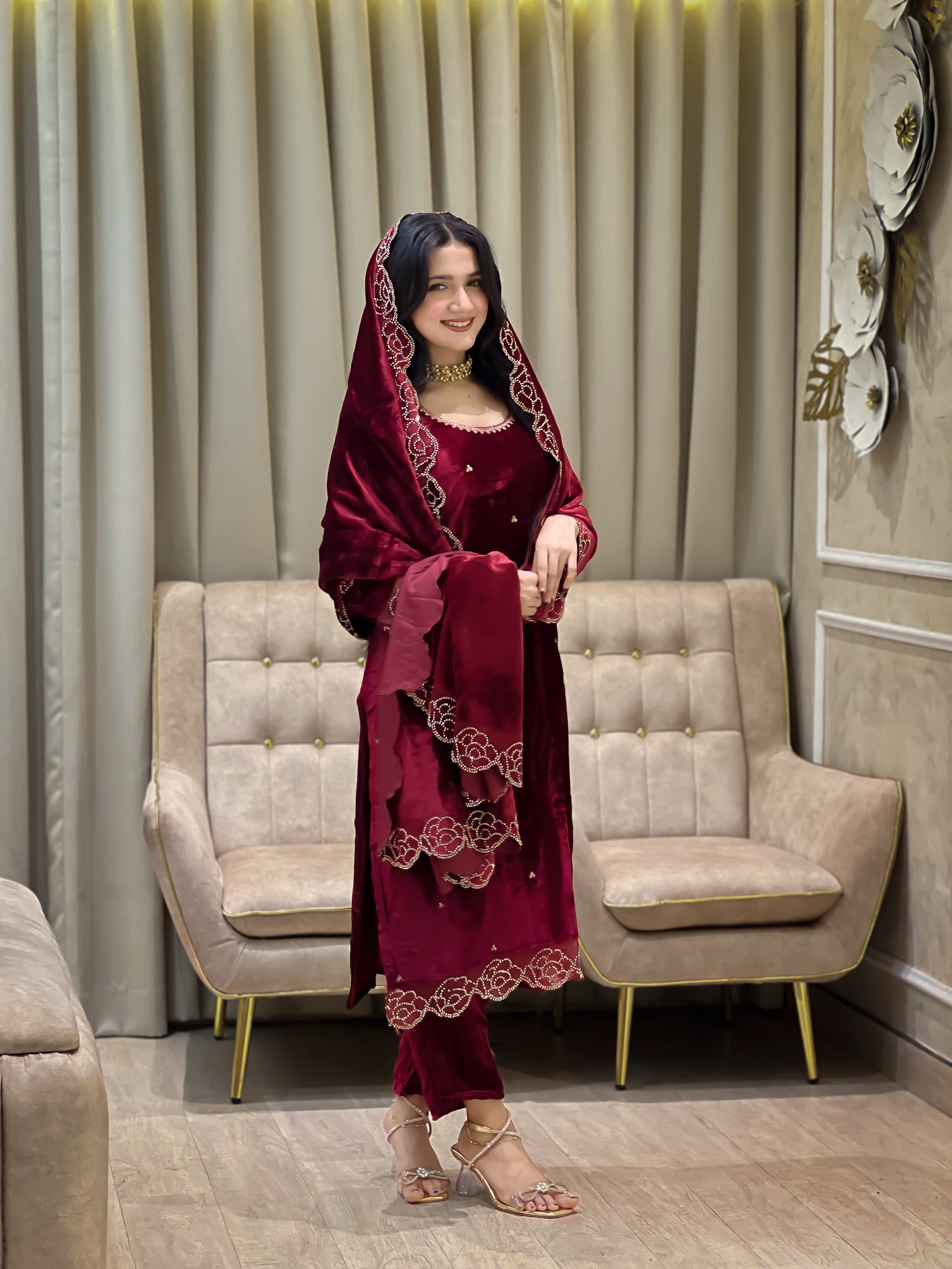 Designer Party Wear Viscose Velvet Top, Pant and Dupatta Set with Rhinestone and Embroidery Work