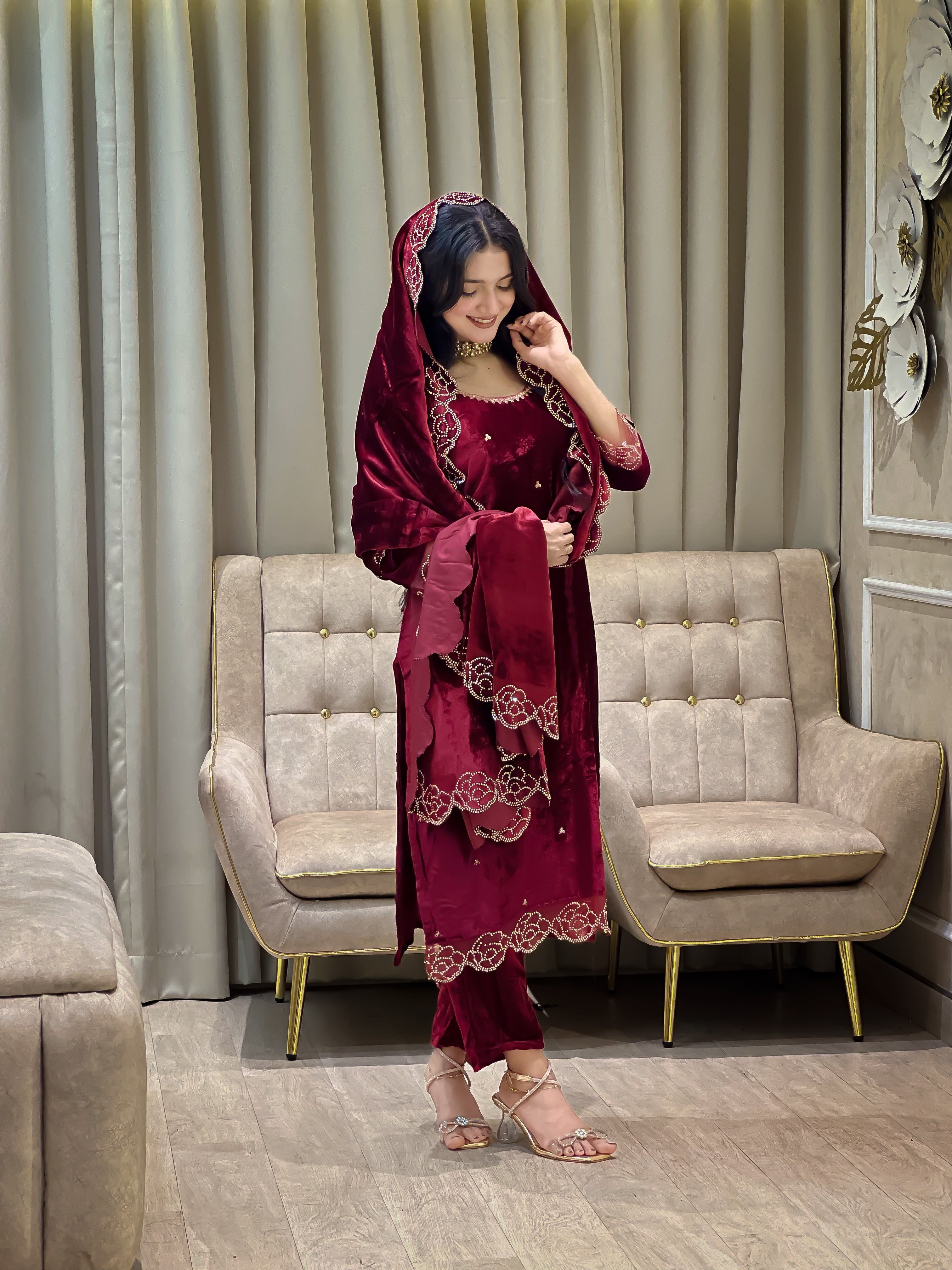 Designer Party Wear Viscose Velvet Top, Pant and Dupatta Set with Rhinestone and Embroidery Work