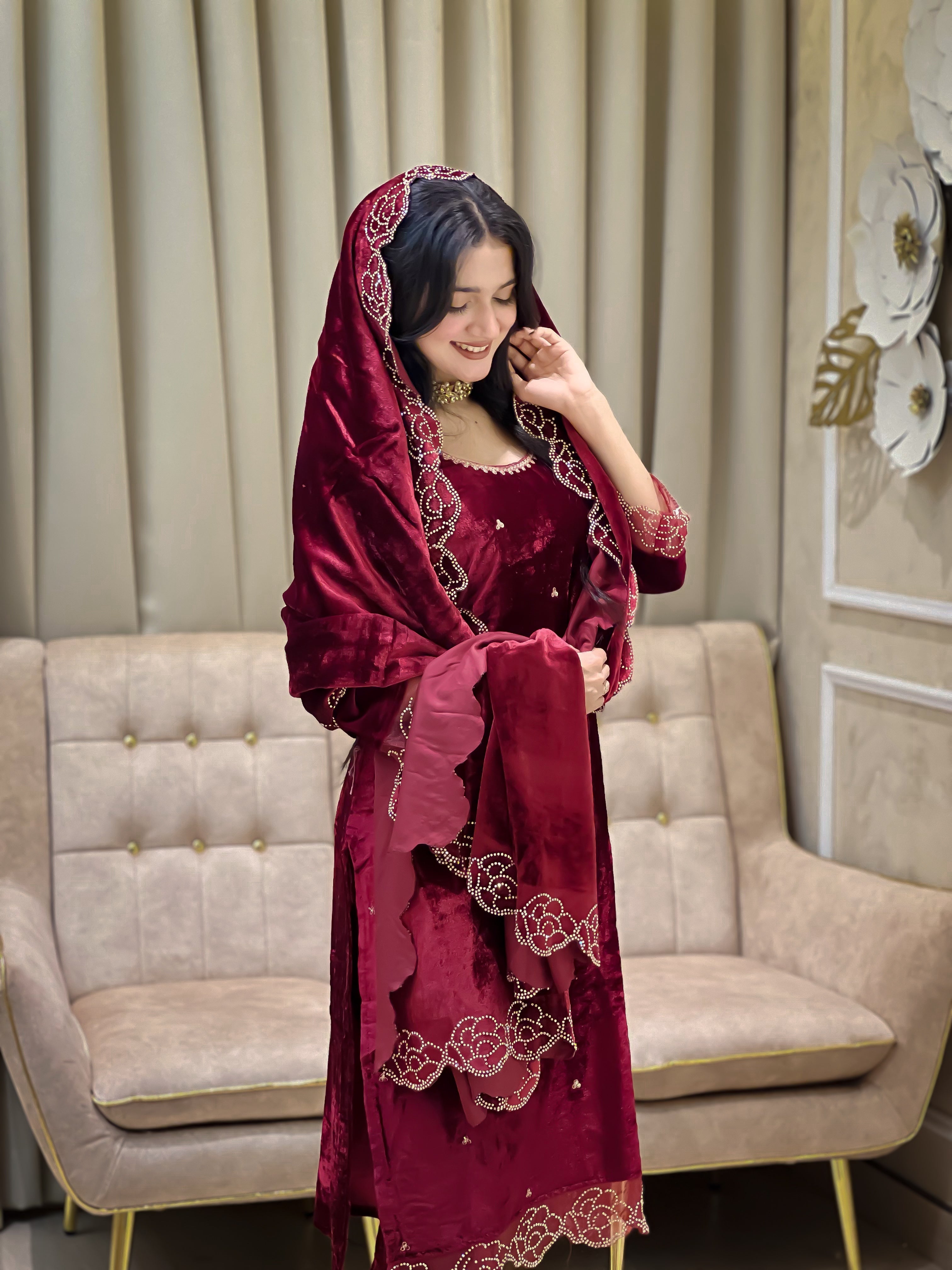 Designer Party Wear Viscose Velvet Top, Pant and Dupatta Set with Rhinestone and Embroidery Work
