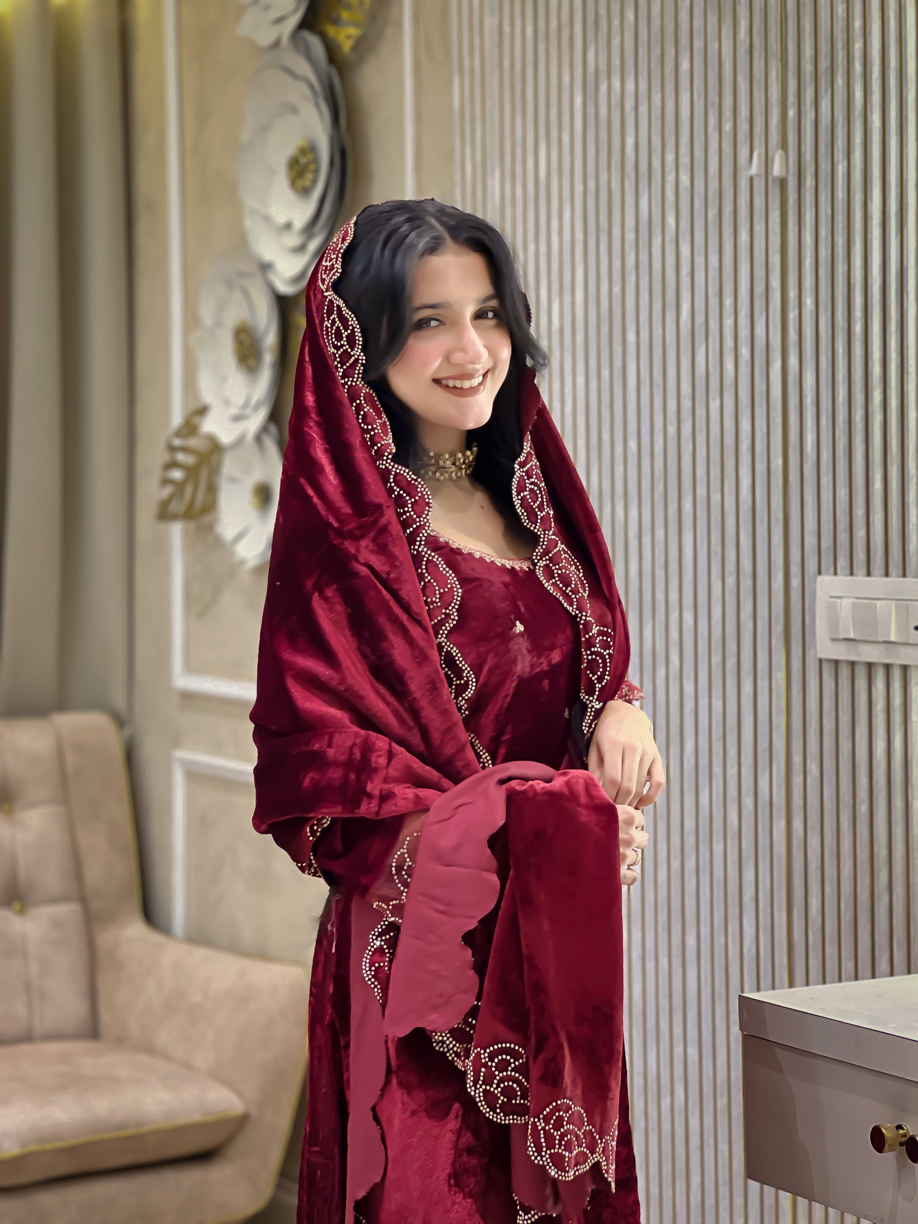 Designer Party Wear Viscose Velvet Top, Pant and Dupatta Set with Rhinestone and Embroidery Work