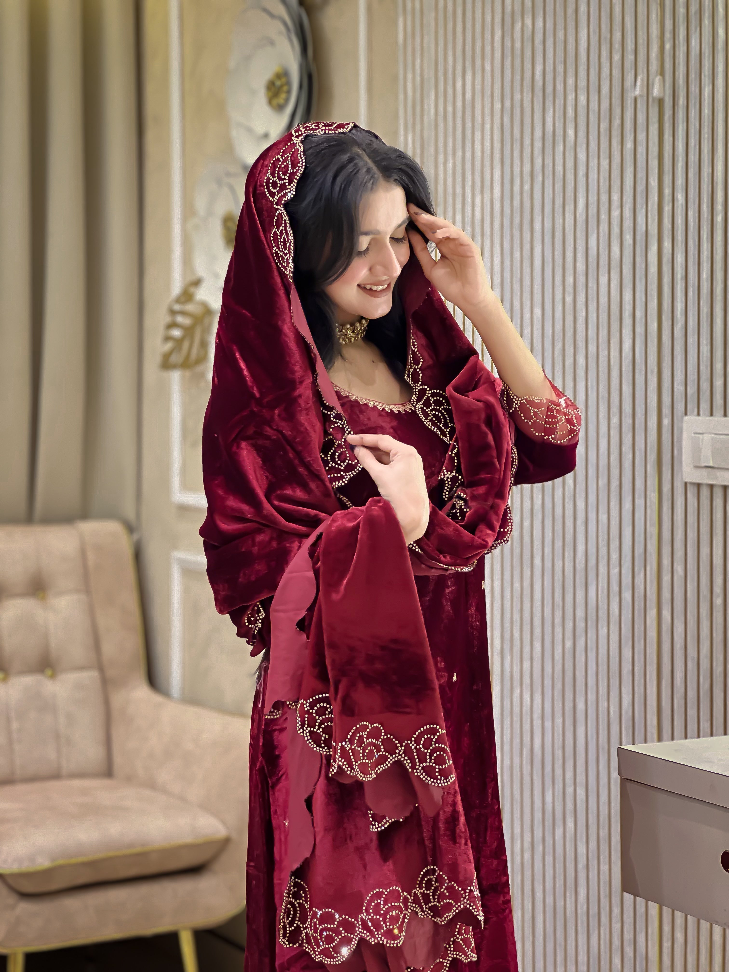 Designer Party Wear Viscose Velvet Top, Pant and Dupatta Set with Rhinestone and Embroidery Work