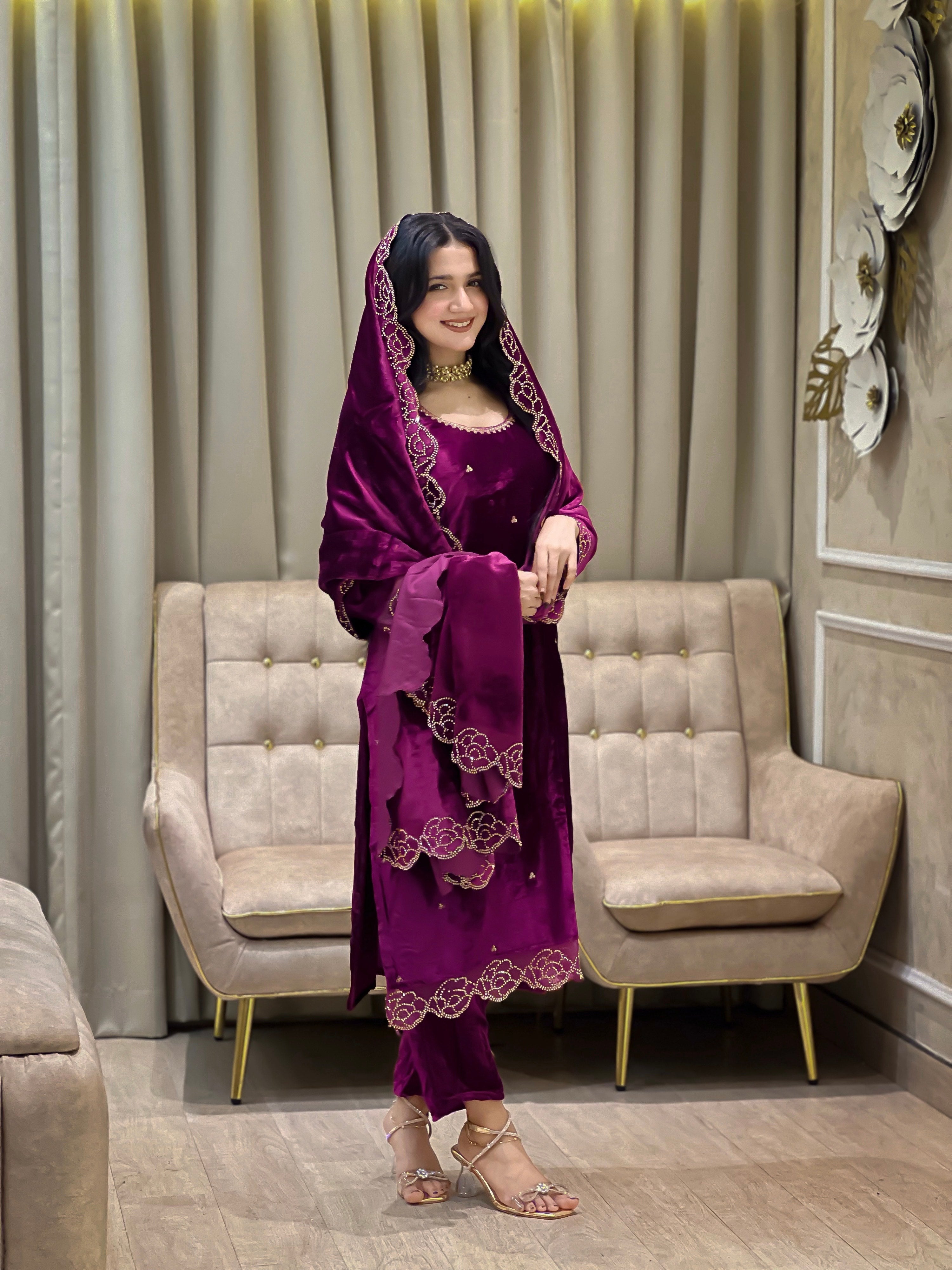 Designer Party Wear Viscose Velvet Top, Pant and Dupatta Set with Rhinestone and Embroidery Work