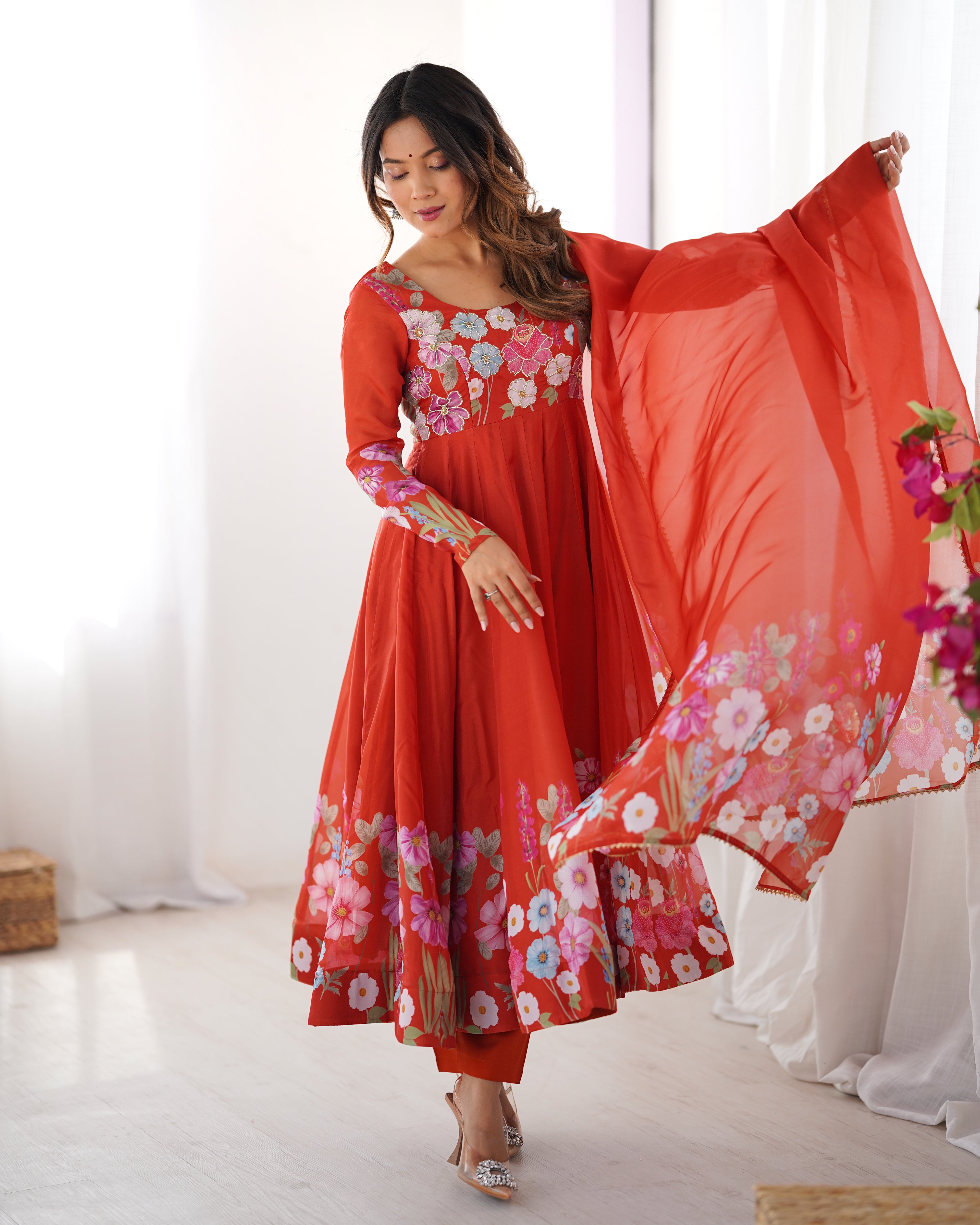 Orange Color Organza Silk Kurta with Handwork Anarkali Suit