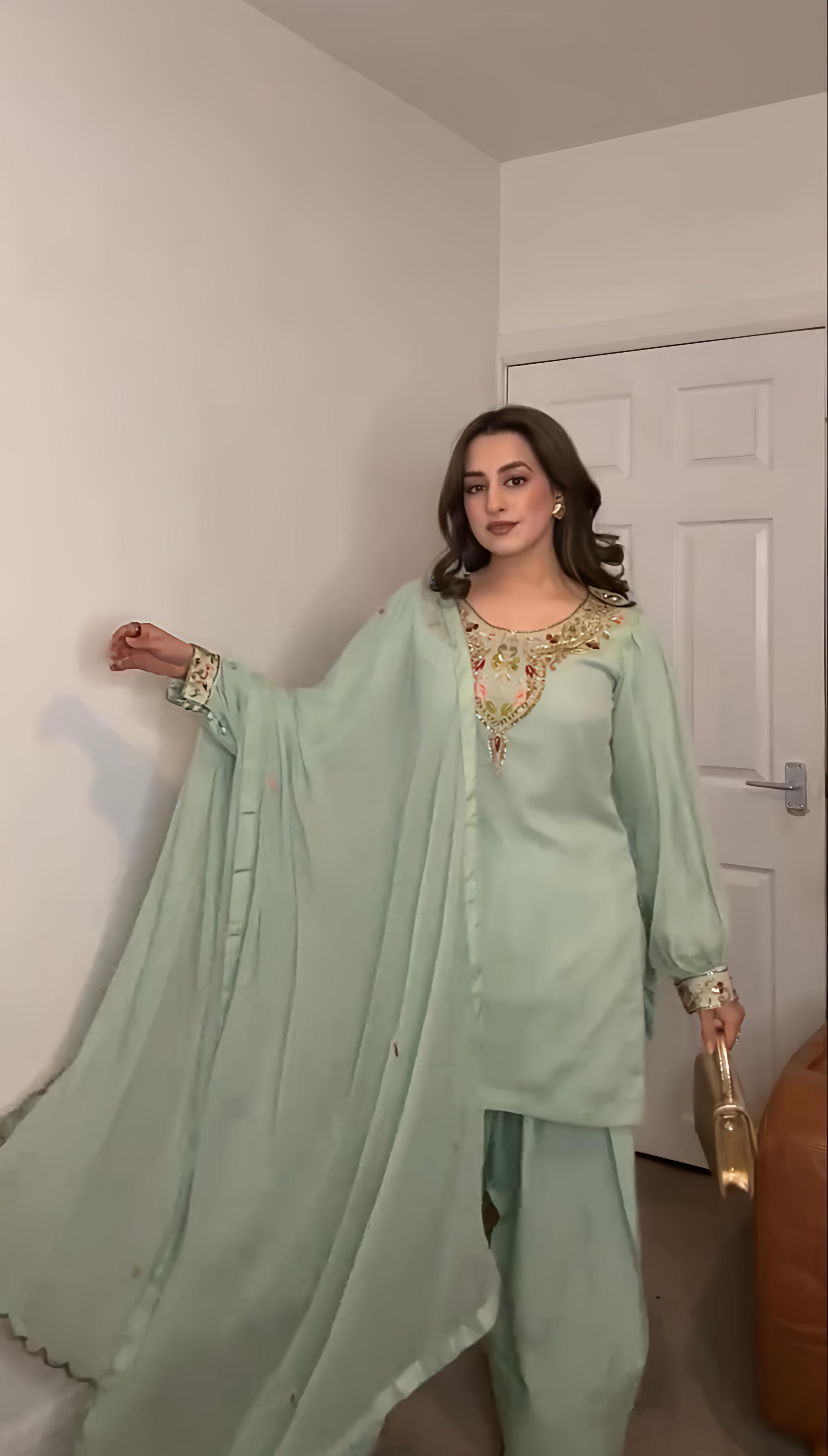 Designer Faux Georgette Top Sharara Set with Embroidery & Dupatta