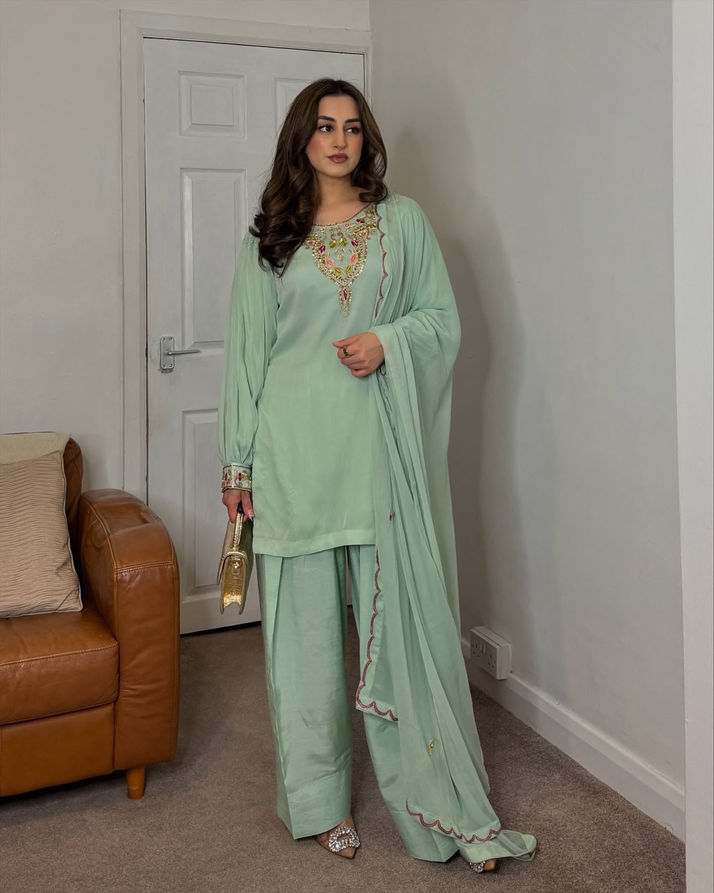 Designer Faux Georgette Top Sharara Set with Embroidery & Dupatta