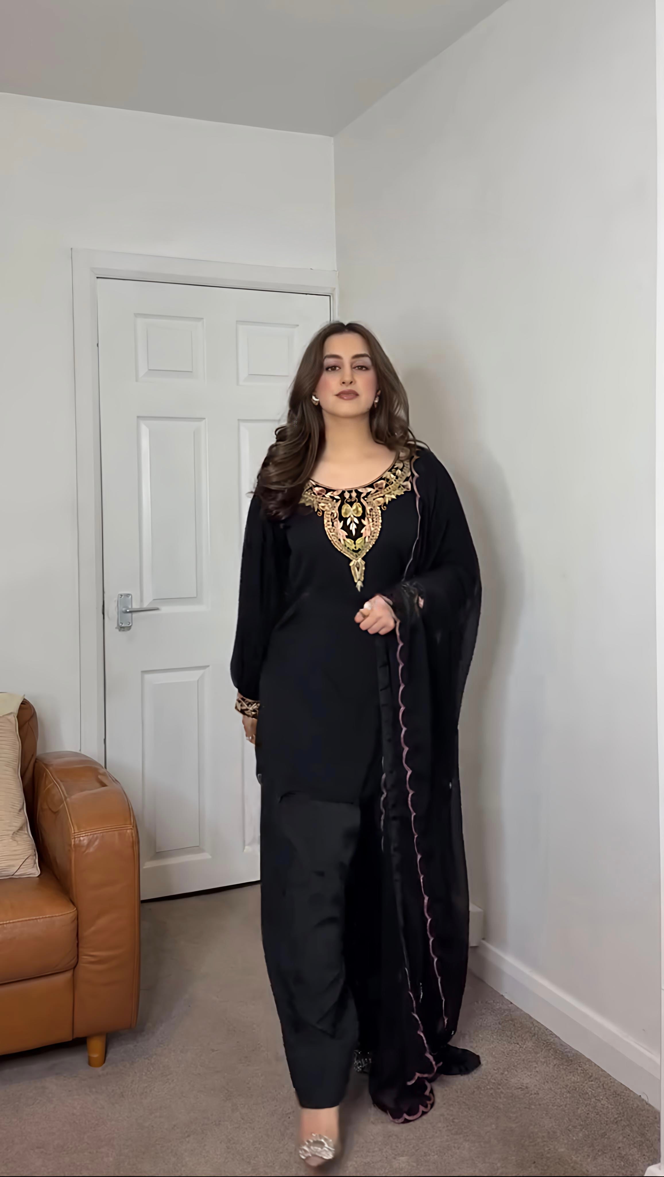 Designer Faux Georgette Top Sharara Set with Embroidery & Dupatta