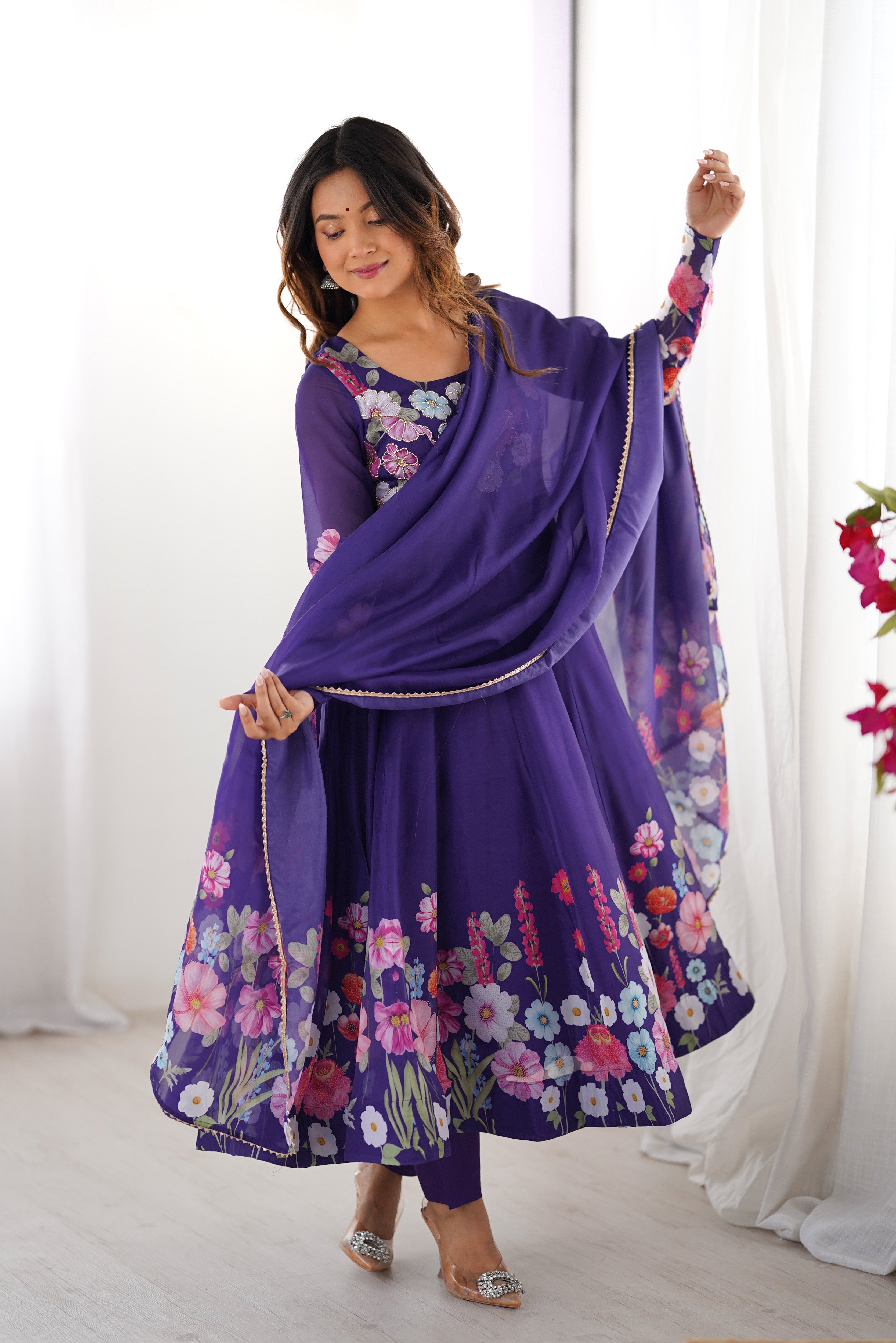 Blue Color Organza Silk Kurta with Handwork Anarkali Suit