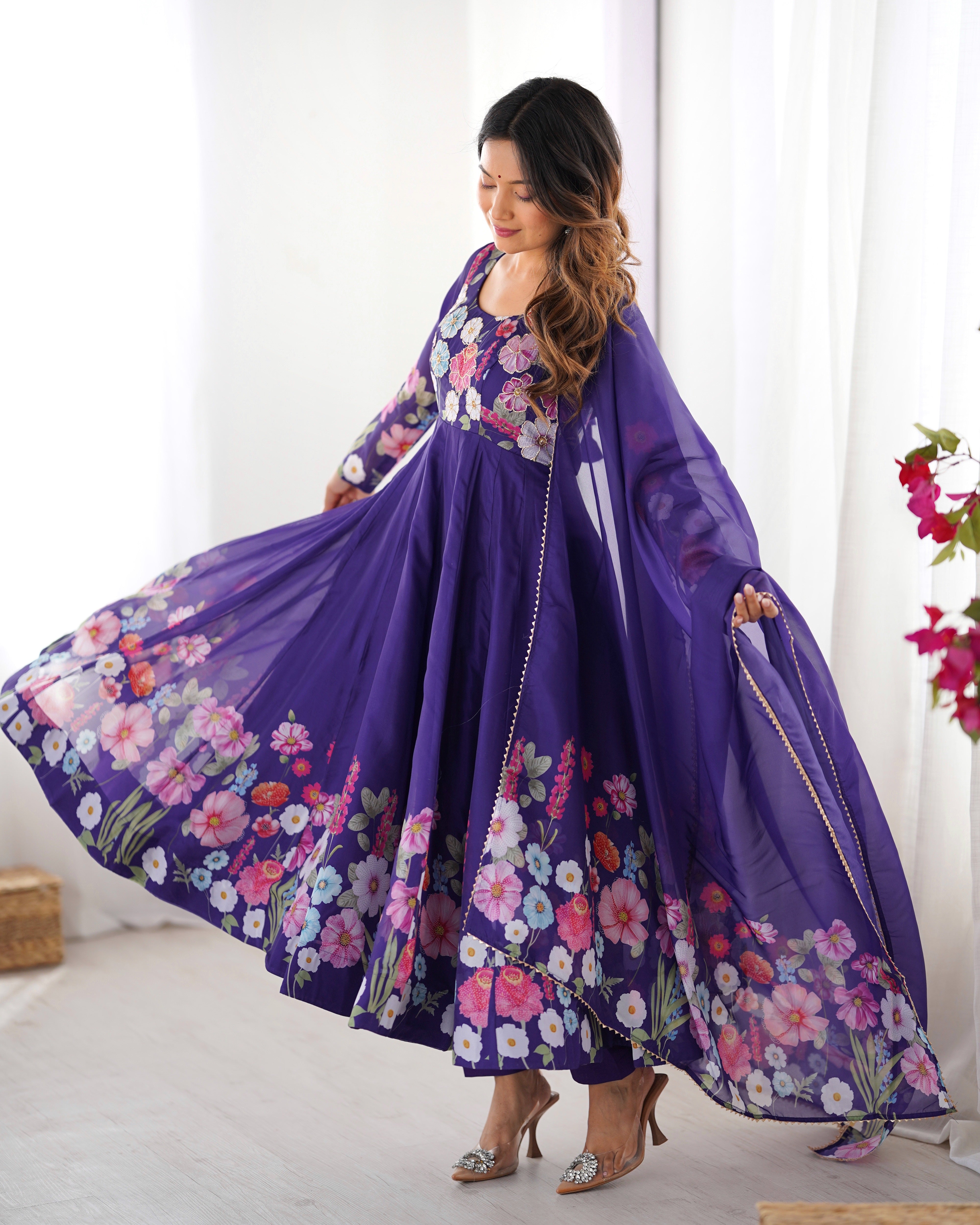 Blue Color Organza Silk Kurta with Handwork Anarkali Suit