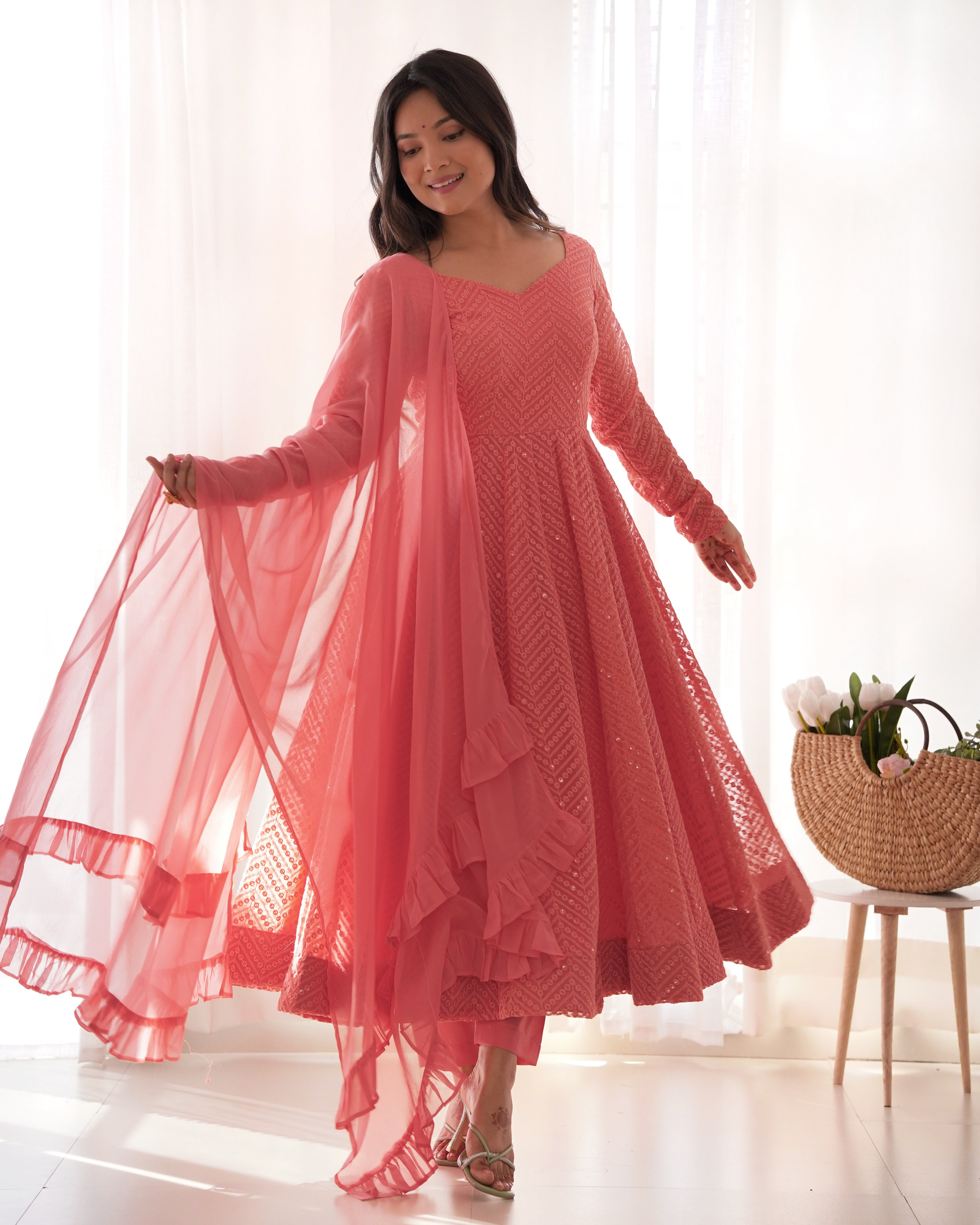 Peach Color Premium Lucknowi Sequin Work Anarkali Set