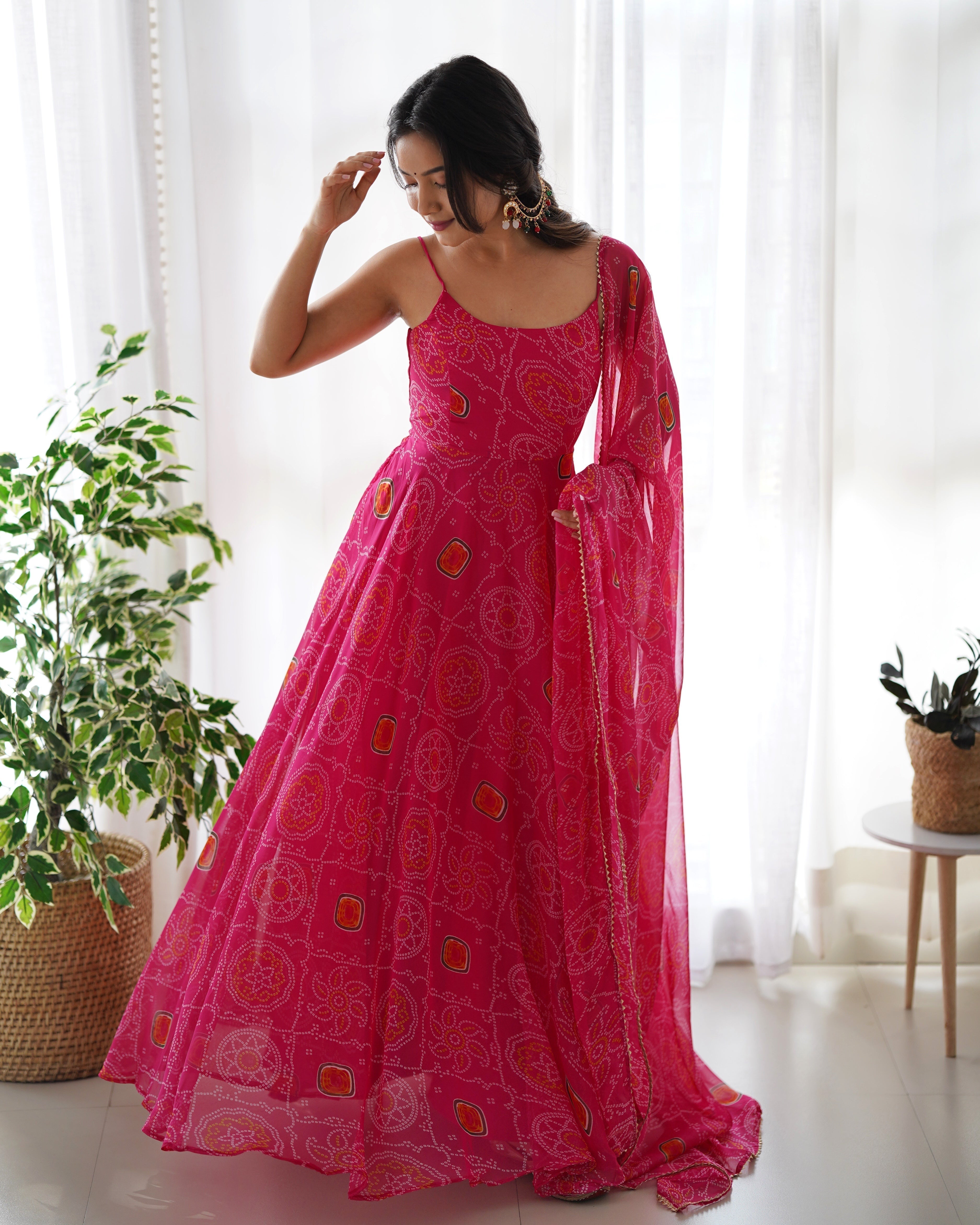 CHIFFON BANDHEJ ANARKALI SUIT SET