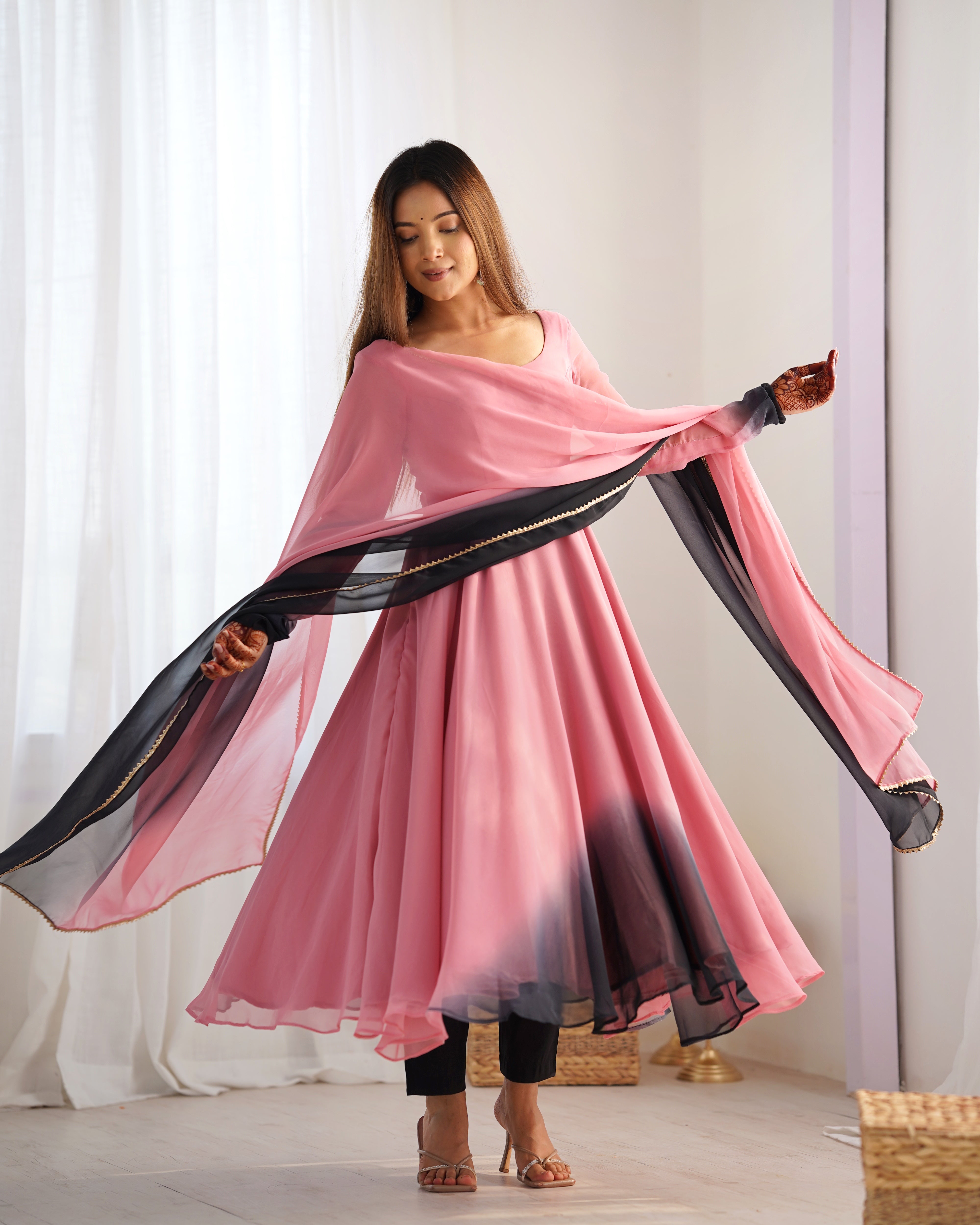 New Partywear Fox Georgette Anarkali Set with Colorful Padding and Lace Dupatta