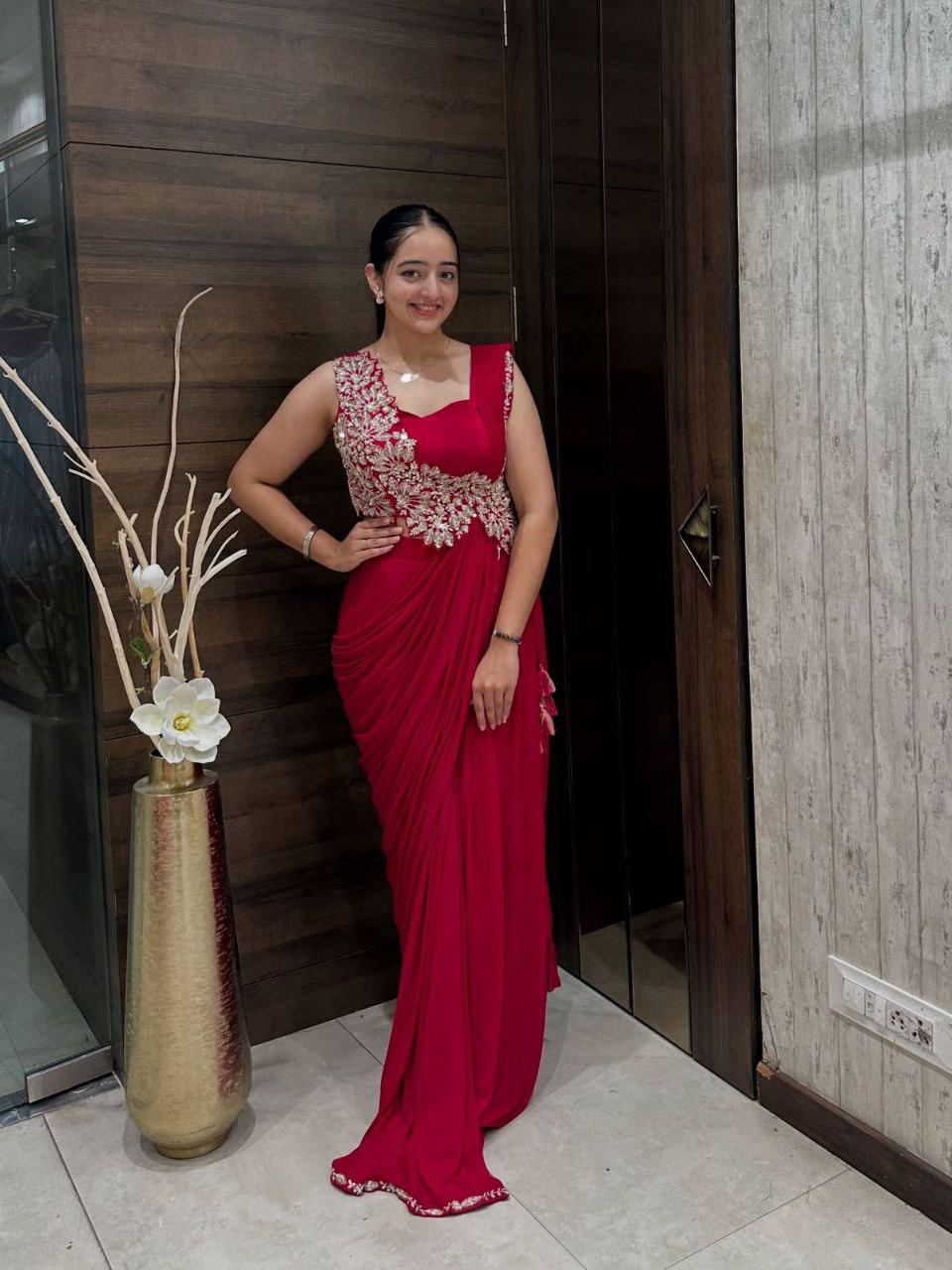 Ready-to-Wear Heavy Rangoli Embroidered Saree with Fully Stitched Blouse | Premium Cording Work Saree
