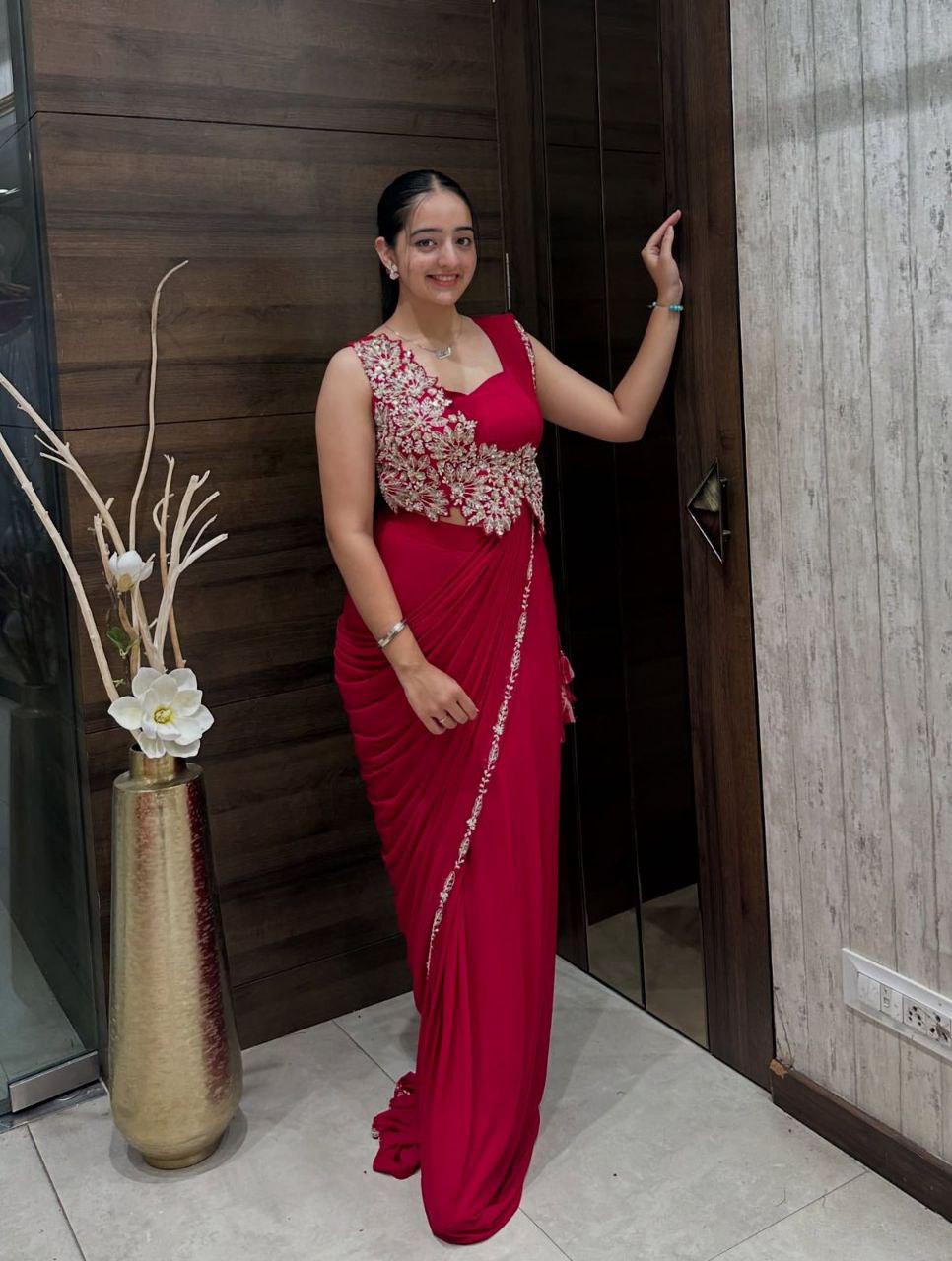Ready-to-Wear Heavy Rangoli Embroidered Saree with Fully Stitched Blouse | Premium Cording Work Saree