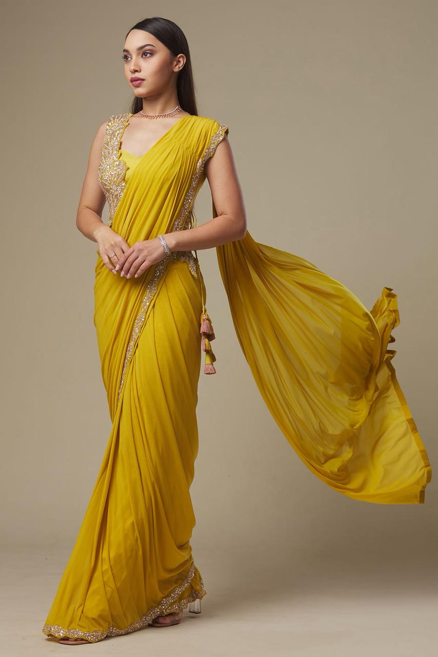 Ready-to-Wear Heavy Rangoli Embroidered Saree with Fully Stitched Blouse | Premium Cording Work Saree